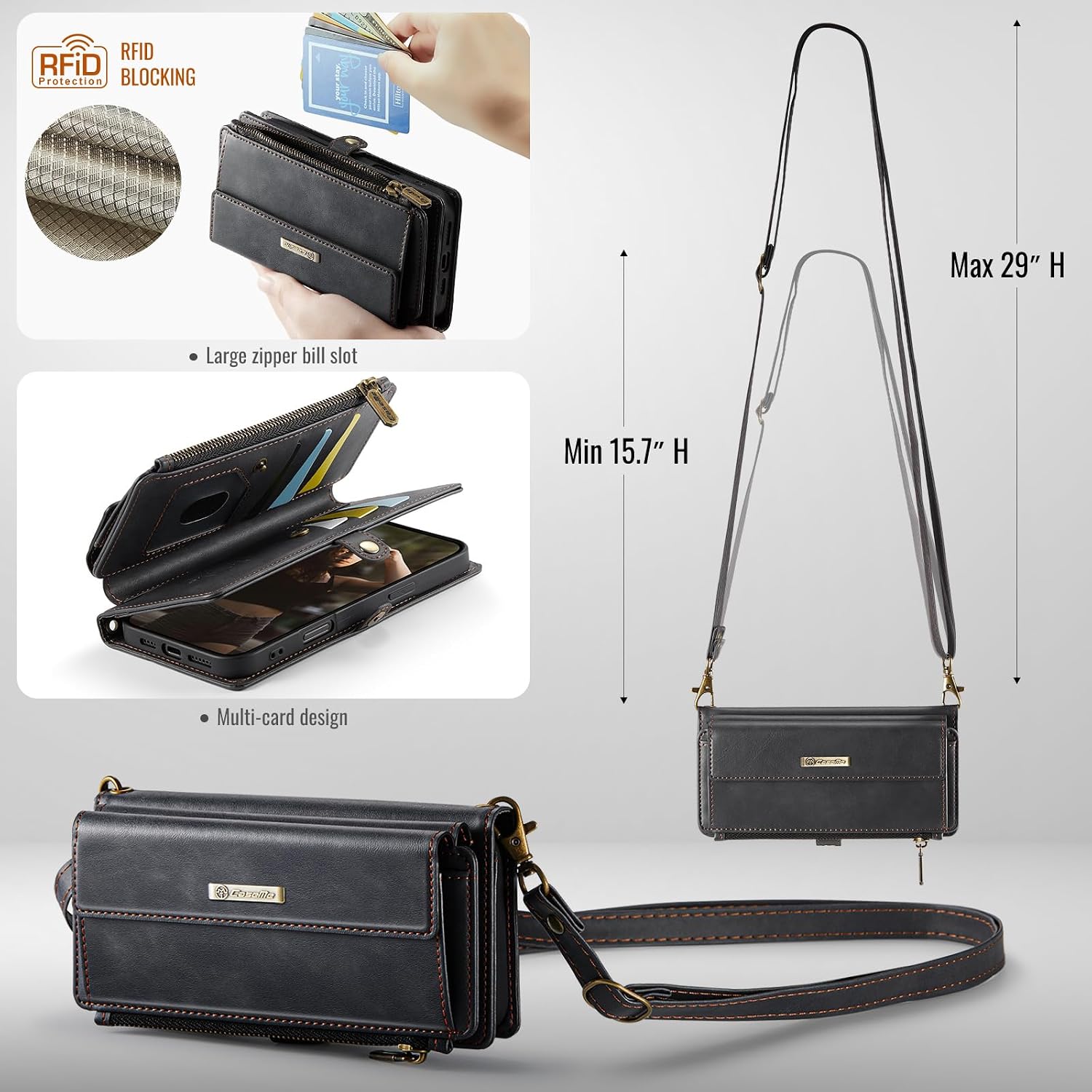 Wallet Case for iPhone 16 Plus – RFID Blocking PU Leather Phone Case with Card Holder, Zipper Pocket, Kickstand, Magnetic Closure, Shoulder & Wrist Strap, Black