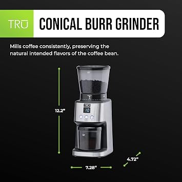 TRU Conical Burr Grinder - Precision Coffee Bean Grinder with 30 Grind Settings - Adjustable Grind Time & Digital Countdown - 9 oz Bean Hopper for Espresso & Drip Coffee