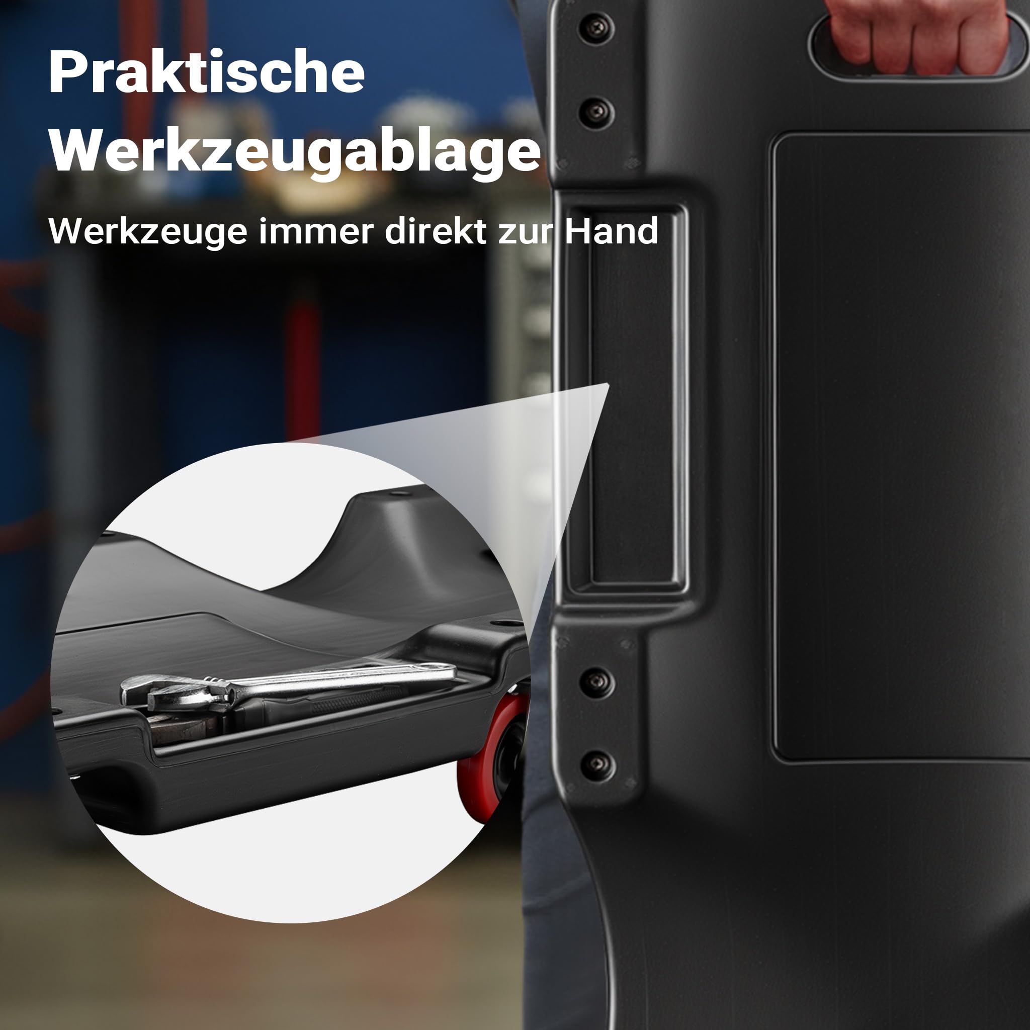 Wiltec Kfz Montageliege 90x40x9cm bis 90 kg aus Kunststoff, Rollbrett mit Abnehmbarer Kopfstütze & Werkzeugfächern, Rollliege, Werkstattliege