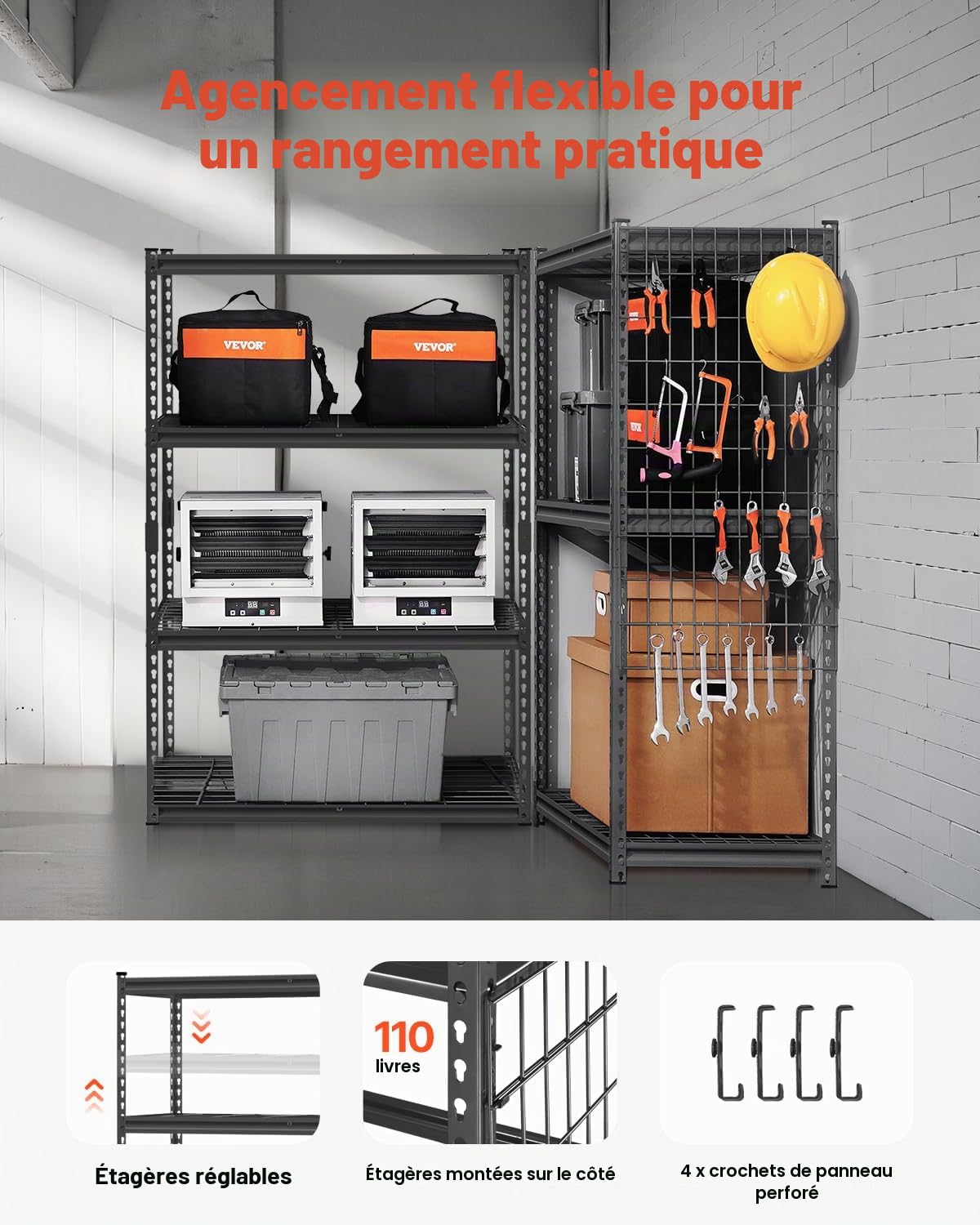VEVOR Étagère de Rangement, 1089 kg, Étagère de Garage Métallique Robuste Réglable, 4 Niveaux, 508 x 1016 x 1524 mm, Meuble Rayonnages de Stockage, pour Cuisine, Atelier, sous-Sol, Buanderie, Noir