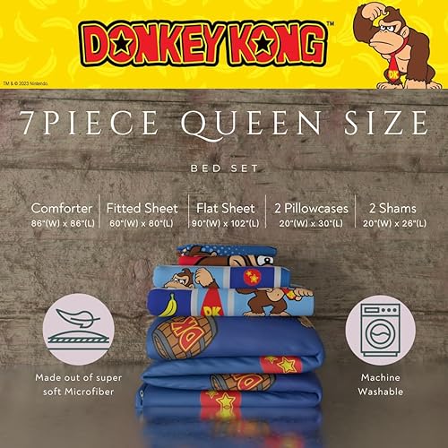 Miniatura 3 de Franco - Ropa de cama de Donkey Kong de Nintendo, juego de 7 piezas con edredón reversible y sábanas supersuaves con estilo gaming, con funda