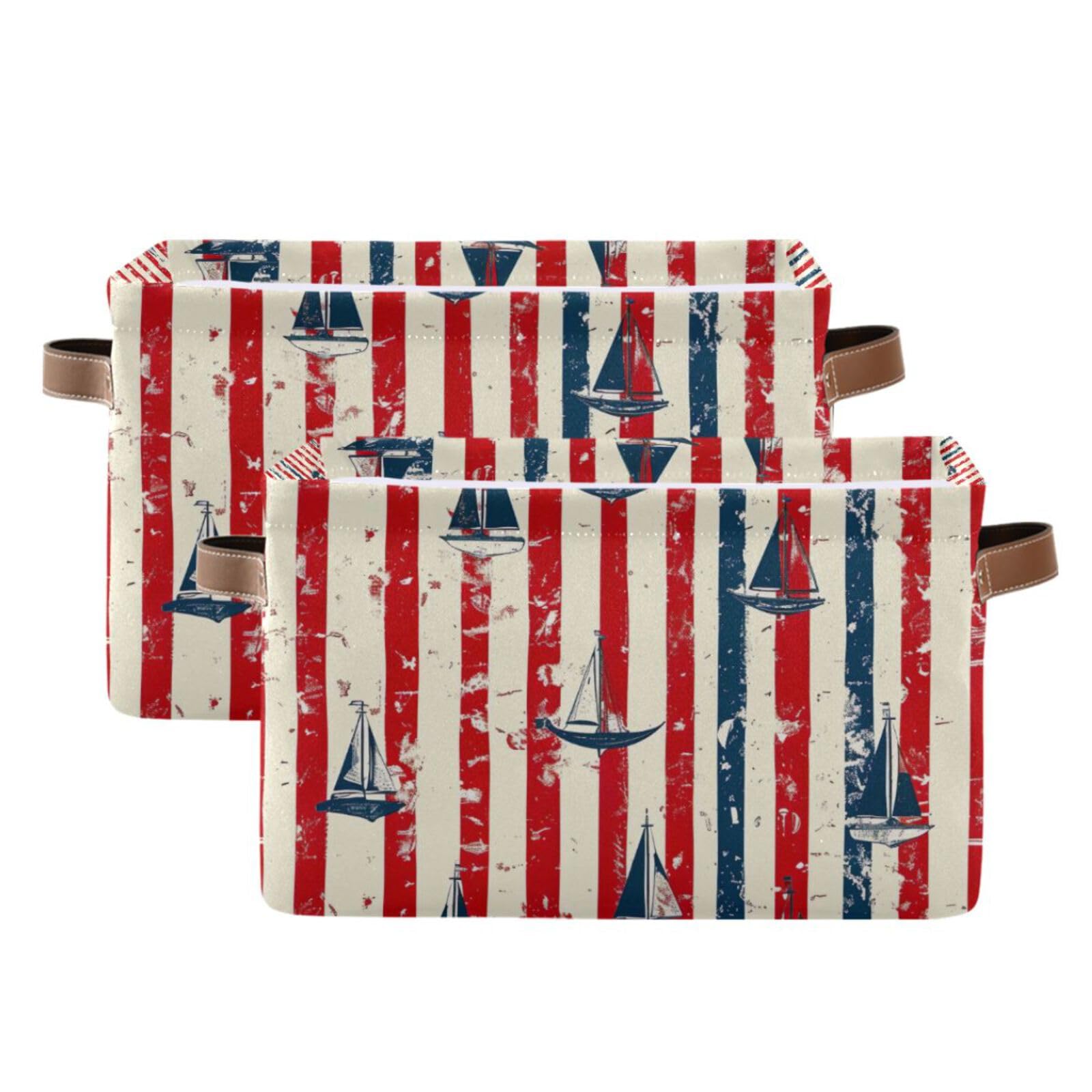 PaChyLuu Vintage Striped Sailboat Storage Basket Bin Canvas Fabric Organizer Toys Basket with Handles for Home Office Nursery, Clothes, Gifts, 2 Pcs