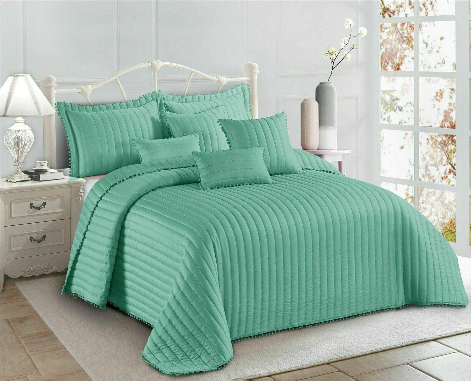 PRIME LINENS 3 Piece Quilted Bedspread Embossed Pattern Comforter Bedding Set Bed Throw with Pillow Shams (Pom Pom Green, King)