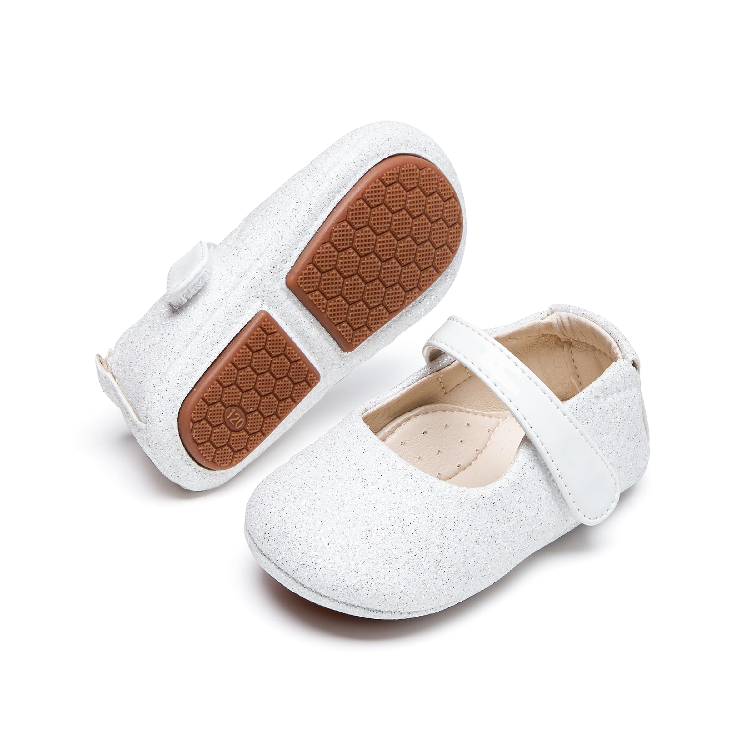 PHIRAMIN Baby Girls Mary Jane Flats - Infant Newborn Walking Shoes Soft Rubber Sole Princess Wedding