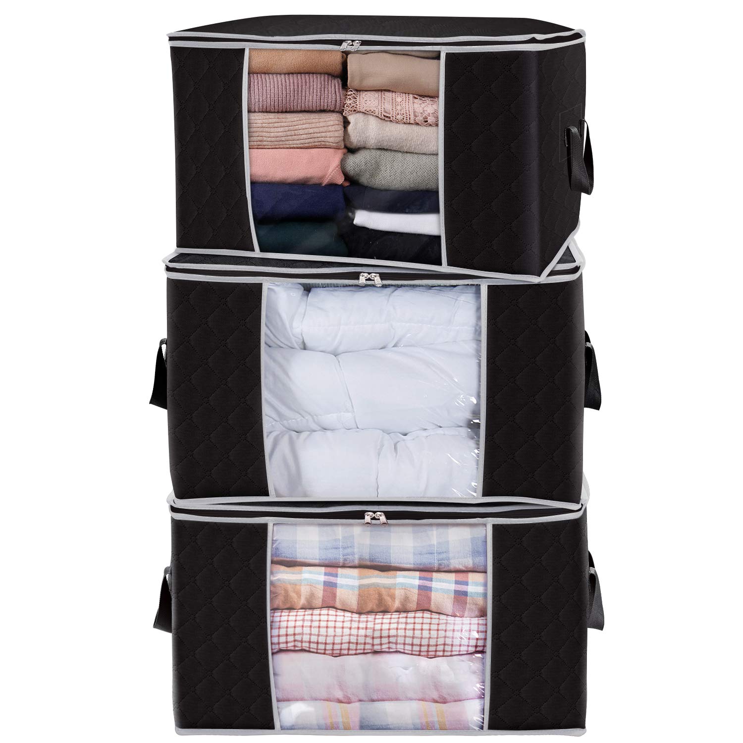 Lifewit Large Clothes Storage Bags Clothing Storage Bags for Quilt, Bedding, Blankets, Thick Breathable Fabric Underbed Storage Bags with Sturdy Zipper, Clear Window, 3 Pack, Black