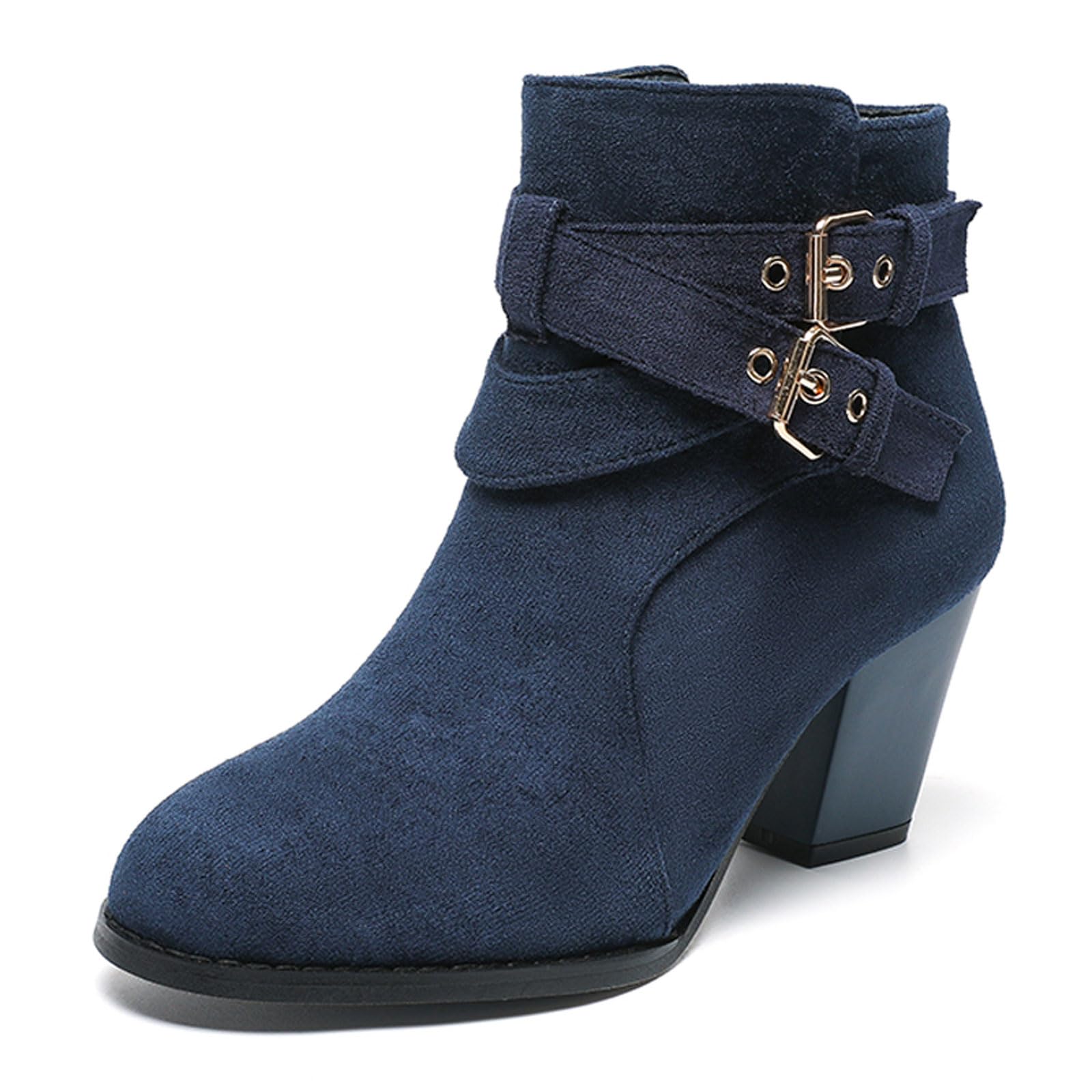 Womens Chunky Heel Suede Ankle Boots With Adjustable Double Buckle Classic Round Toe Side Zip Block Stacked Heel