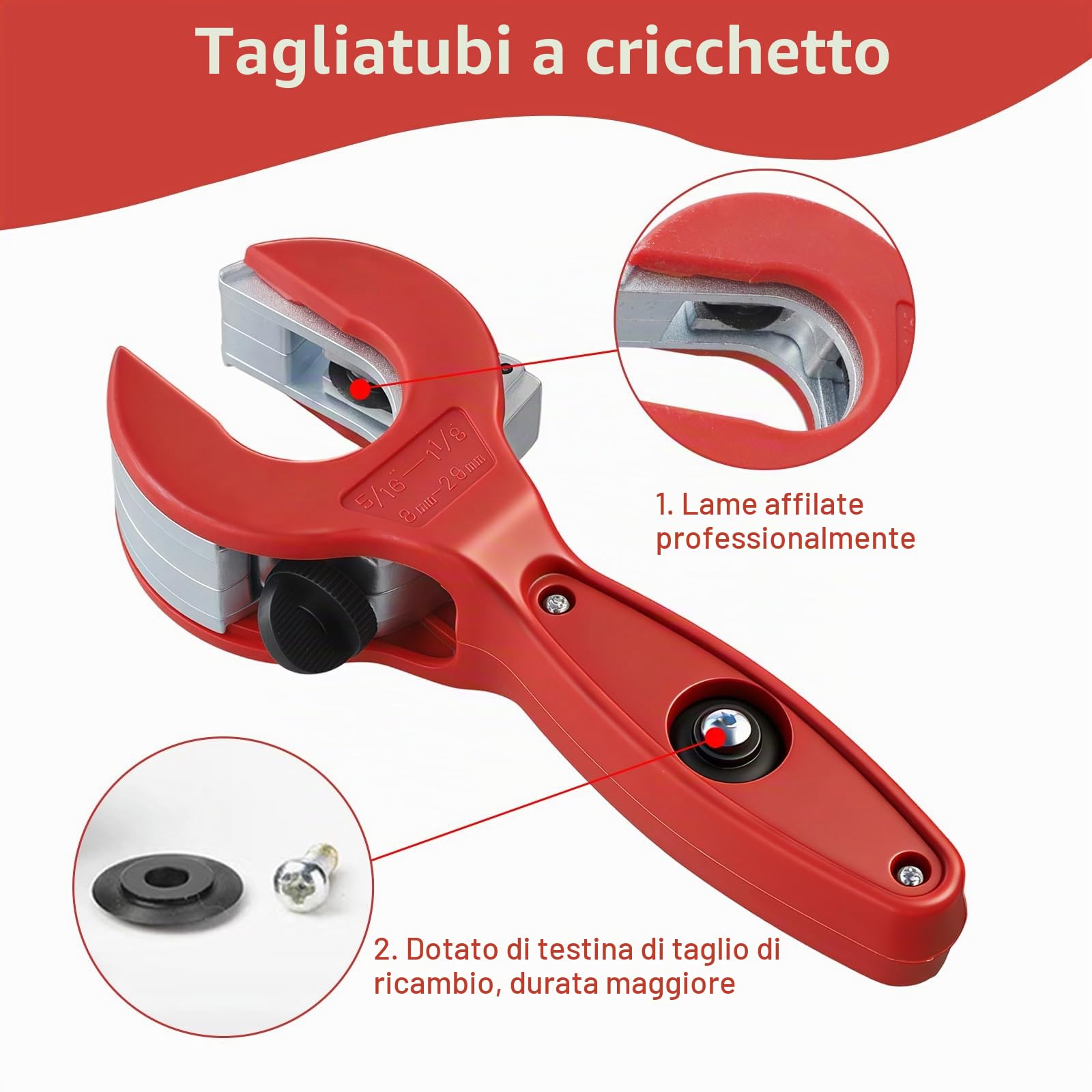 Tagliatubi a cricchetto per tubi 8-29 mm, acciaio inossidabile, rame, alluminio, rosso