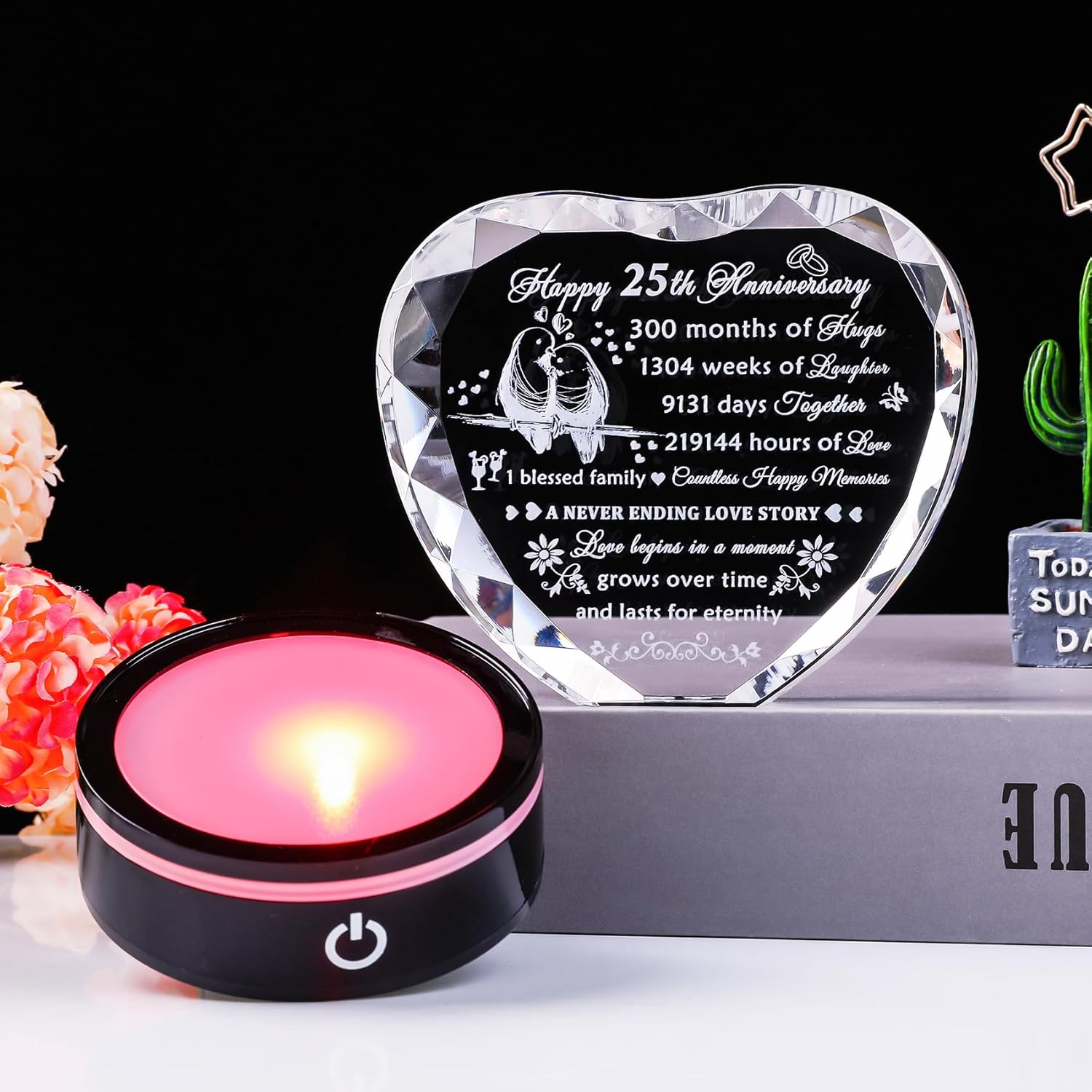 YWHL 25th Wedding Anniversary Crystal Heart Gifts for Couple Parents, Romantic 25 Year Anniversary Crystal Keepsake Gifts for Wife Husband with LED Base, 25 Years of Marriage Gifts for Her Him
