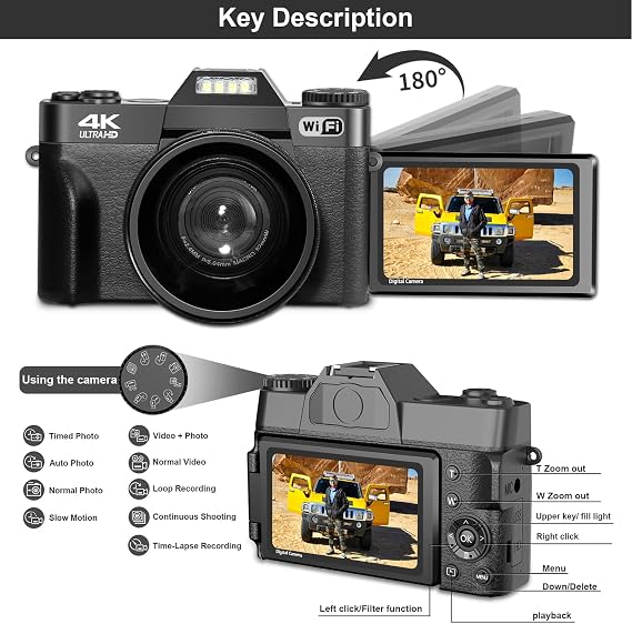 4K Digital Camera for YouTube Vlogging - 56MP 16X Zoom Manual Focus Compact Photography Camera With 52mm Wide-Angle & Macro Lens, 32G TF Card and 2 Batteries (Black)