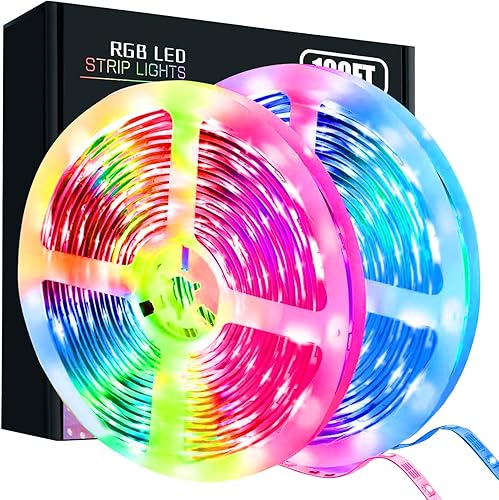 Tira de luces LED, tira de luces LED de 100 pies (2 rollos de 50 pies) con control remoto de 44 teclas, tira LED RGB 5050 con sincronización de