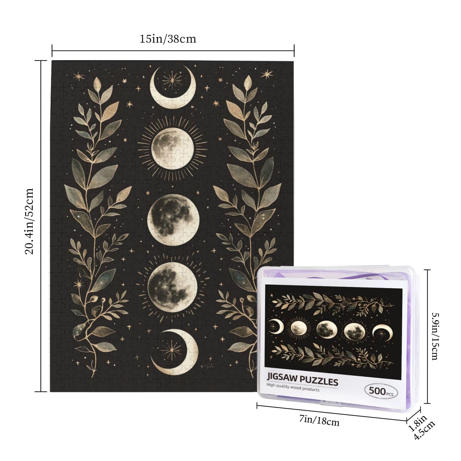 Moon Phases Leaves Mystical and Elegant 500 Piece Jigsaw Puzzle Wood Puzzles for Adults Teens Family Friends Educational Toys Gift - Image 4