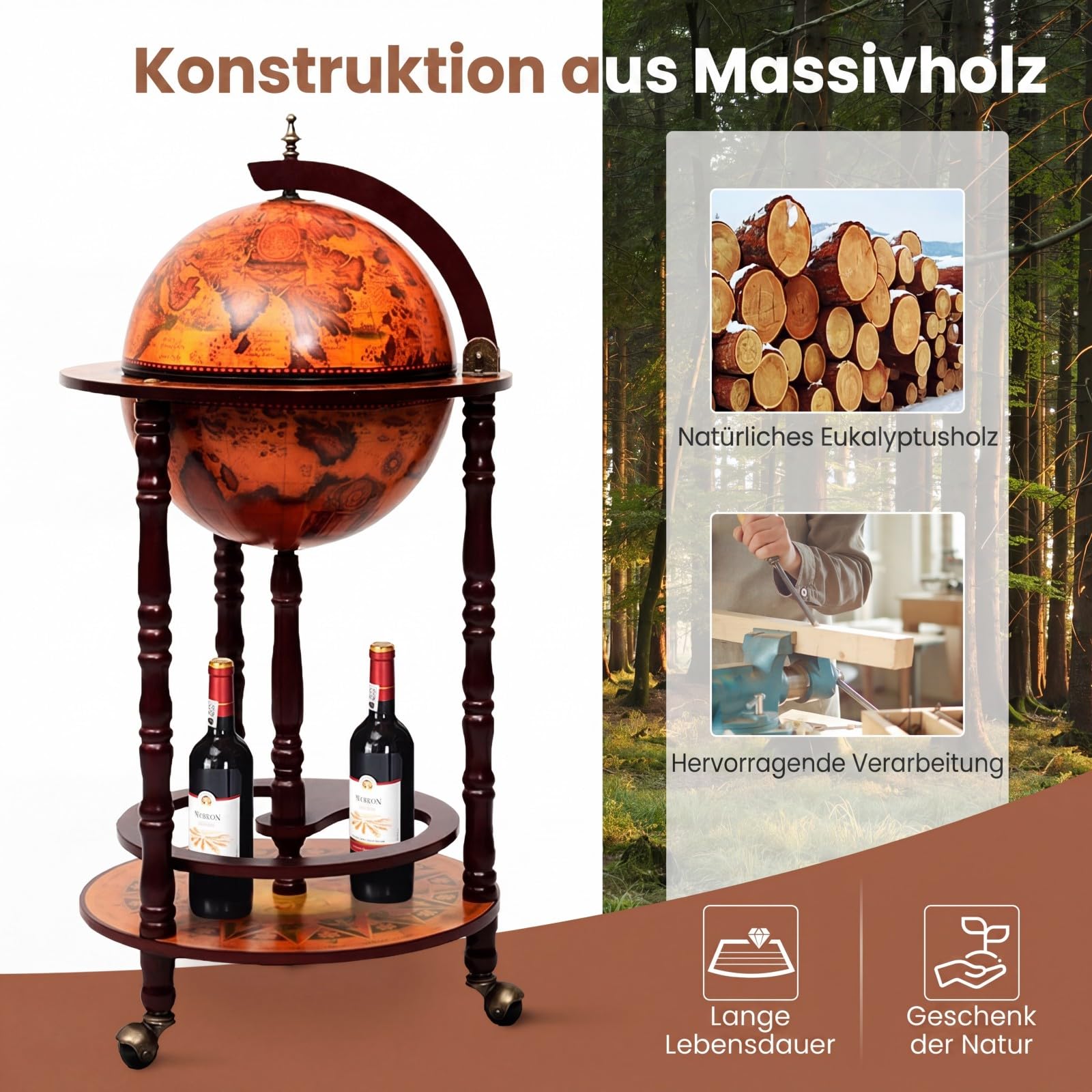 GIANTEX Globusbar mit 3 Rollen, Barwagen Weltkugel Cocktailbar mit Bodenplatte, Hausbar Minibar Tischbar Dekobar, Eukalyptusholz (braun)
