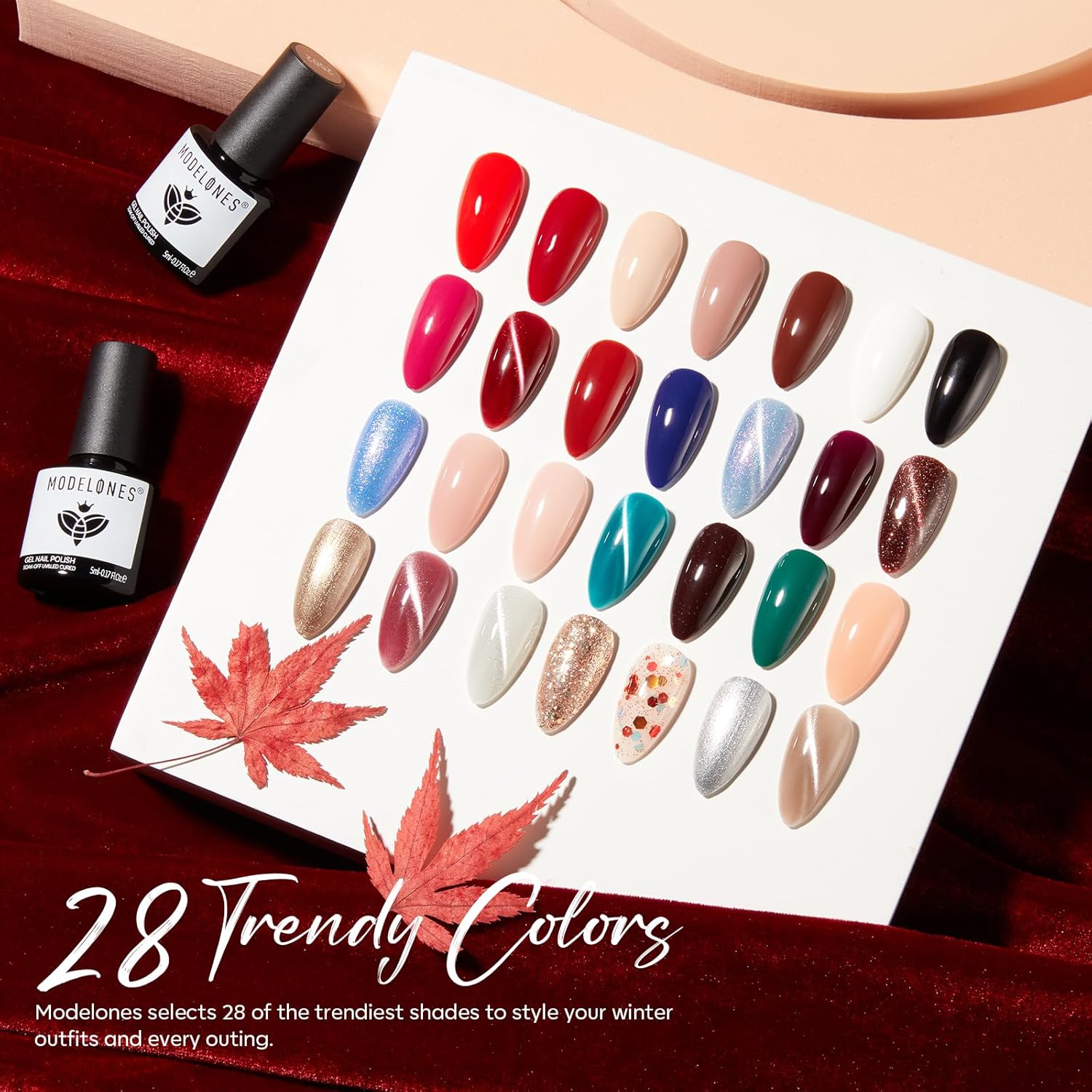 modelones 32 PCS Gel Nail Polish Kit, 28 Colors Christmas Gel Polish with Blooming Gel, Base Coat, Glossy & Matte Top Coat Cat Eye Jelly Glitter Chameleon Soak Off LED Nail Art Kit Salon at Home