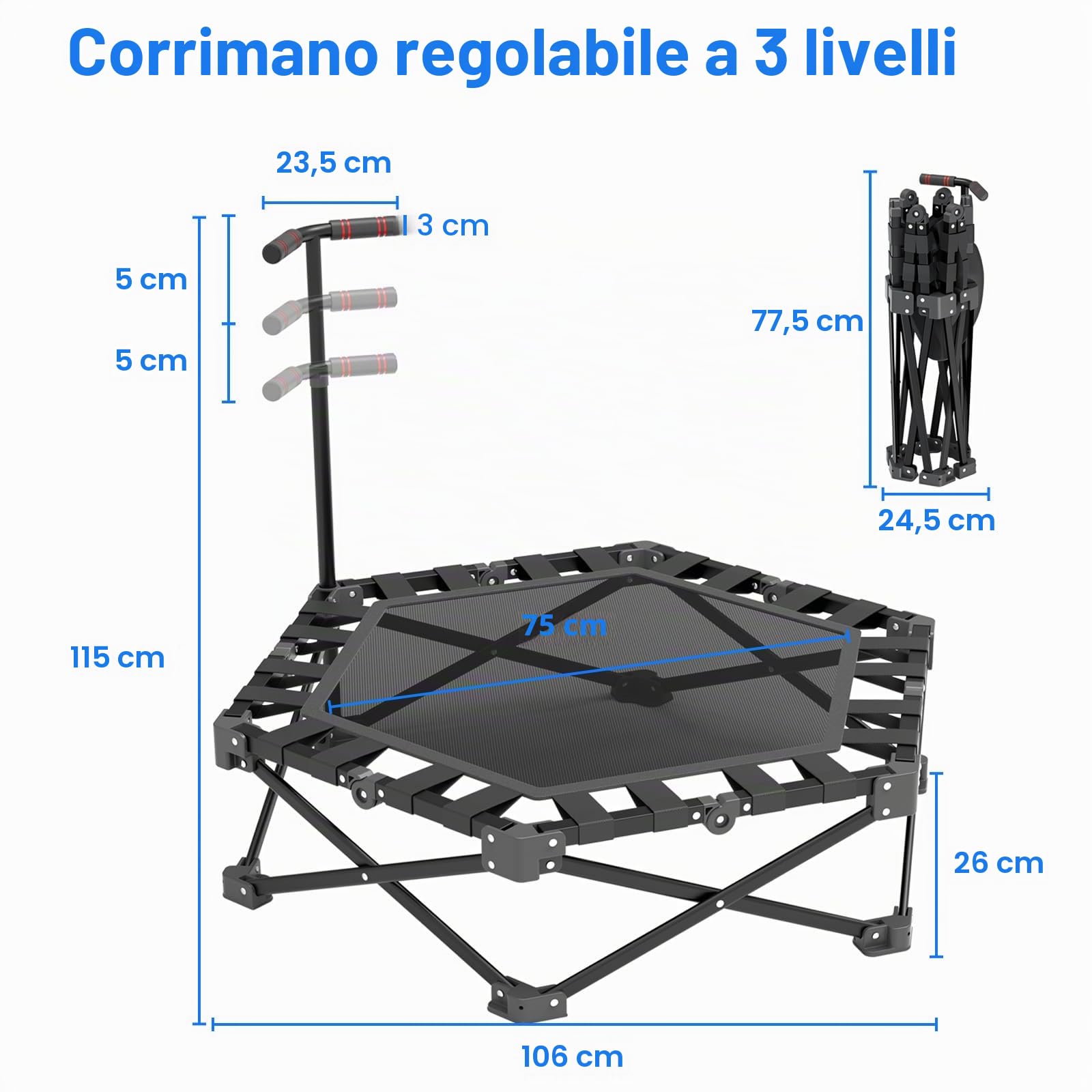 Trampoline Fitness, Mini Trampolino Pieghevole da Interni 106 cm con Manubrio Regolabile in 3 Altezze, Struttura a X Ultra Resistente - Portata Massima 275 kg