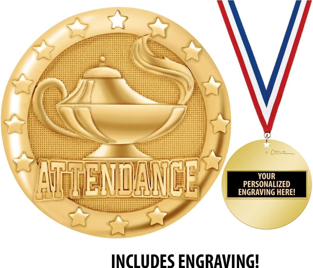 Crown Awards Attendance Medal, 2" Shiny Gold Perfect Attendance Medals for Kids with Free Custom Engraving Prime