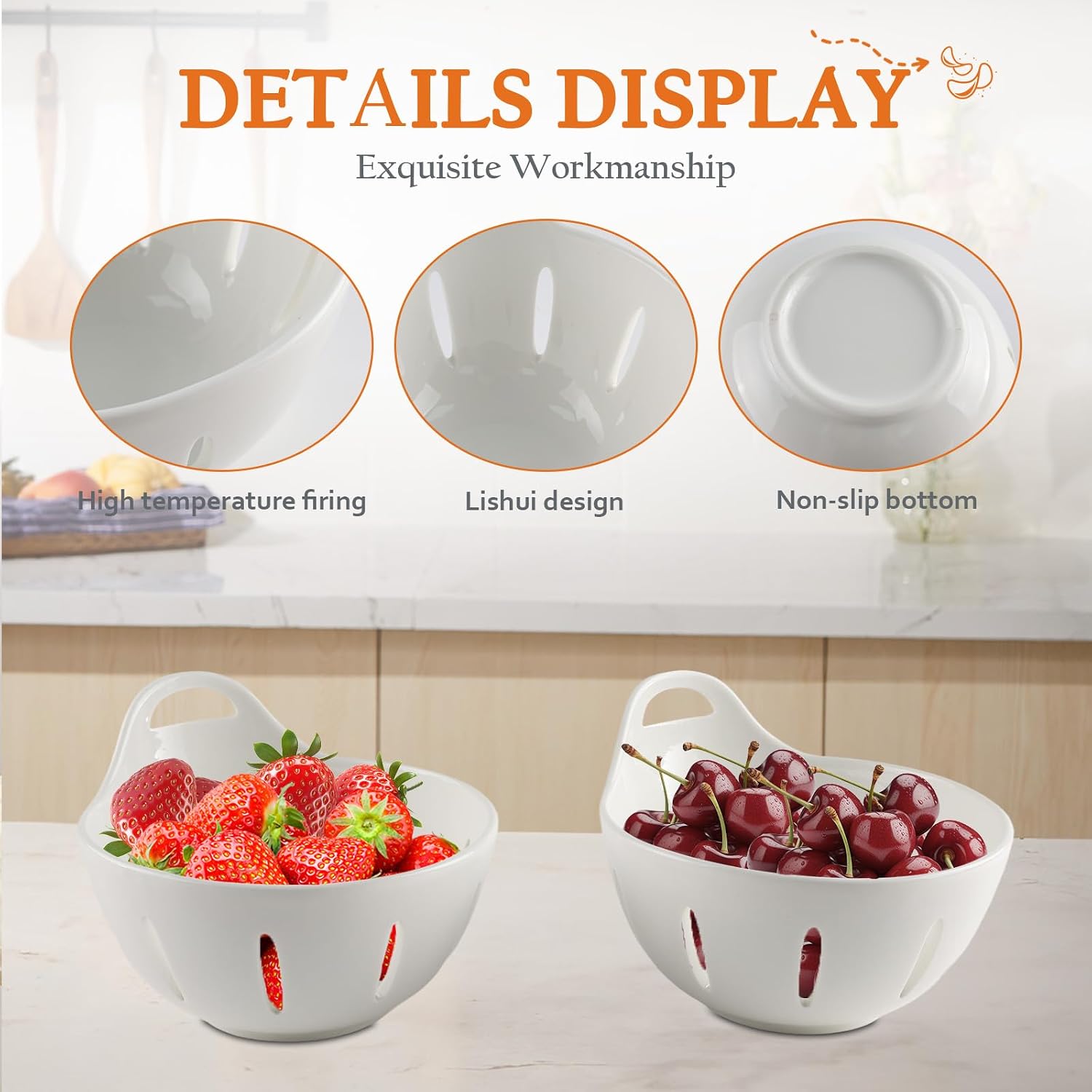 Ceramic Berry Basket,5.9 inch Fruit Bowl,Round Berry Colander with Holes & Handle,Small Fruit Basket for Kitchen Counter,Cute Containers for Berries, Strawberry, Grape, Cherry,Set of 2, White