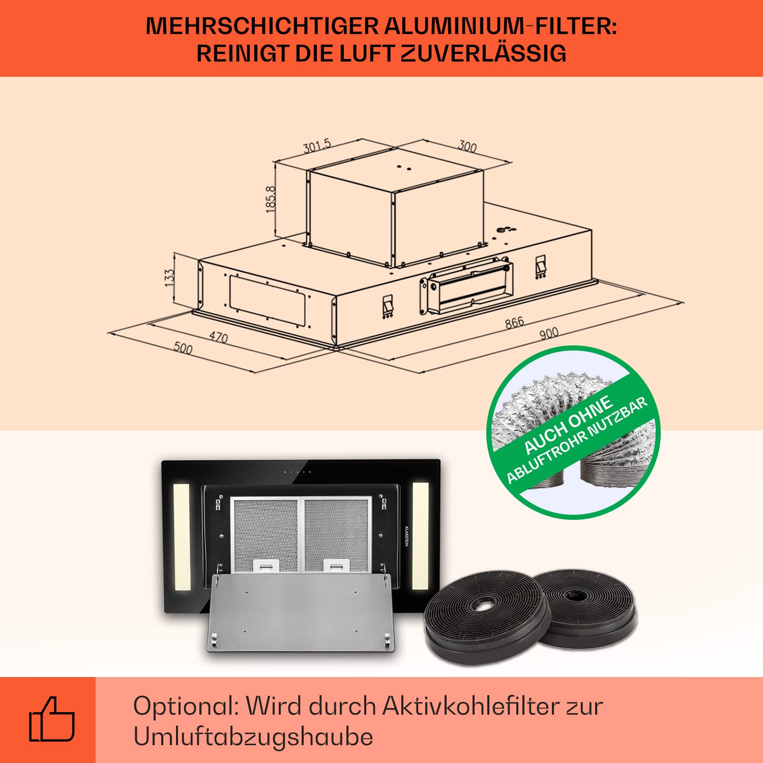 Klarstein Dunstabzugshaube 90cm 230W 620 m³/h Abluft Umluft Mit Filter Schwarz