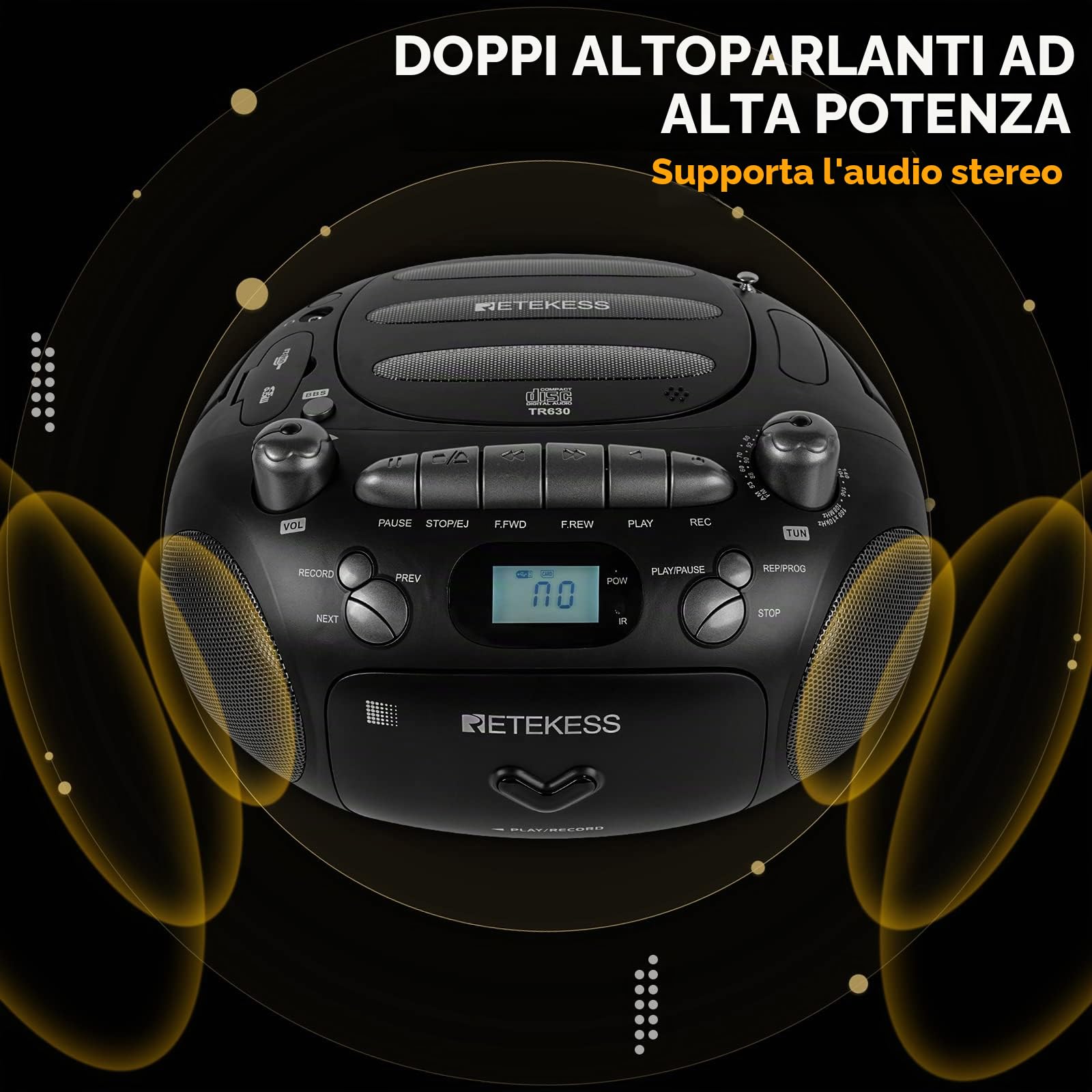 Retekess TR630 Lettore CD, Lettore Cassette | per Intrattenimento Domestico, Famiglia, FM/AM, Boombox Stereo, USB/TF, LCD con Retroilluminazione