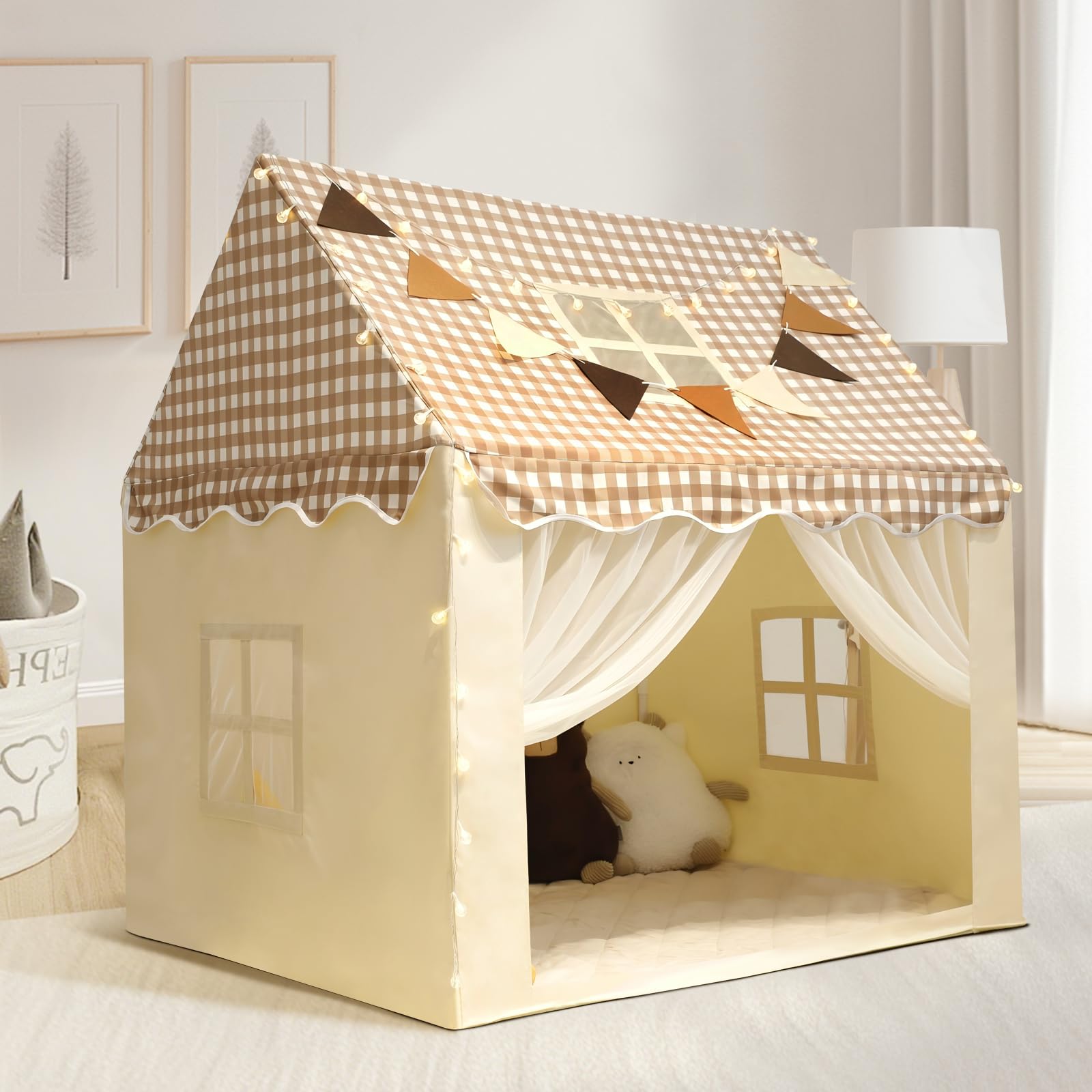 Playhouse for Indoor & Outdoor, with Star Light, Flags and Carry Bag, Washable Kids Tent for Girls & Boys (Lattice Top)