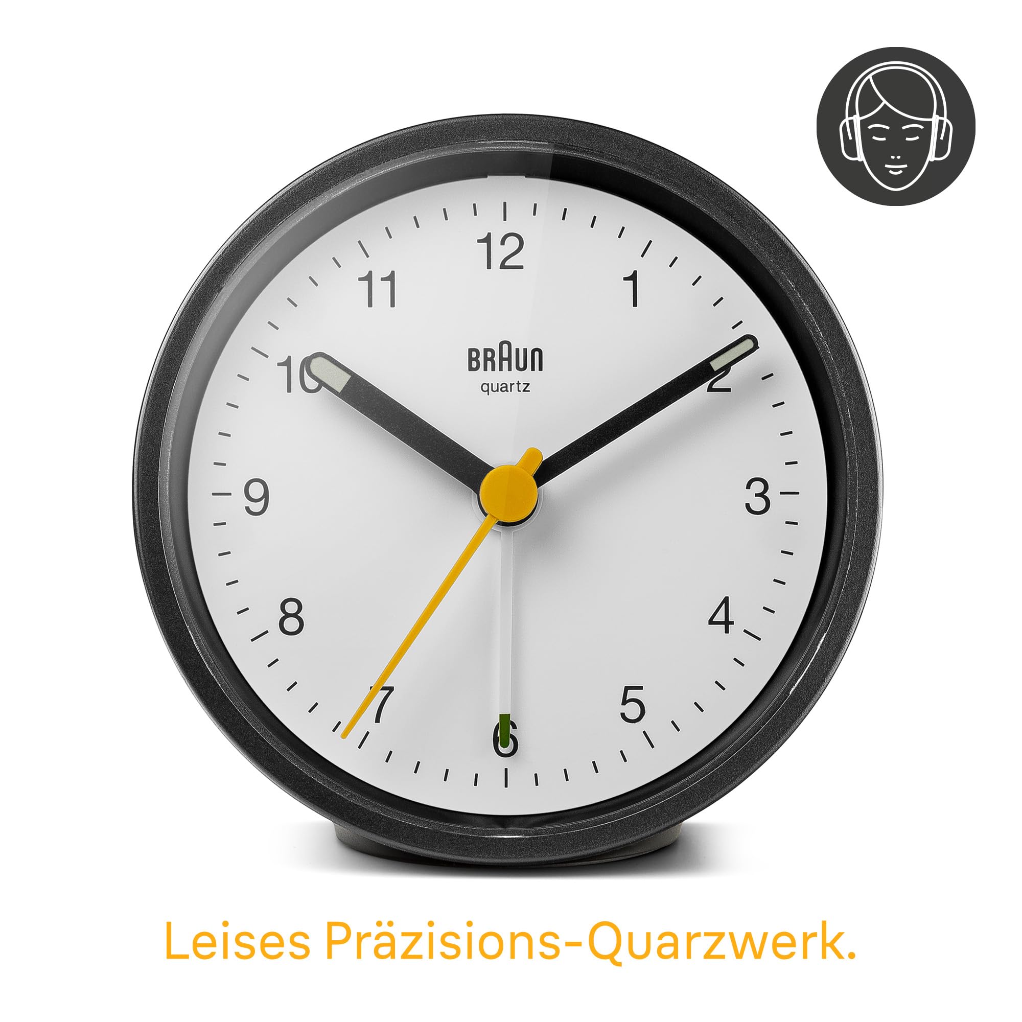 Braun Klassischer analoger Wecker Schlummerfunktion und Licht, ruhiges Quarzuhrwerk, Crescendo-Alarm in Schwarz und Weiß, Modell BC12BW.