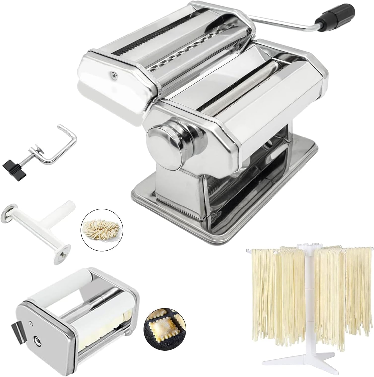 Pasta Maker Machine, 9 Adjustable Thickness Settings 2 in 1 Noodle Maker Dumpling Maker Machine Set with Dough roller, Pasta cutter, Pasta Drying Rack Attachment