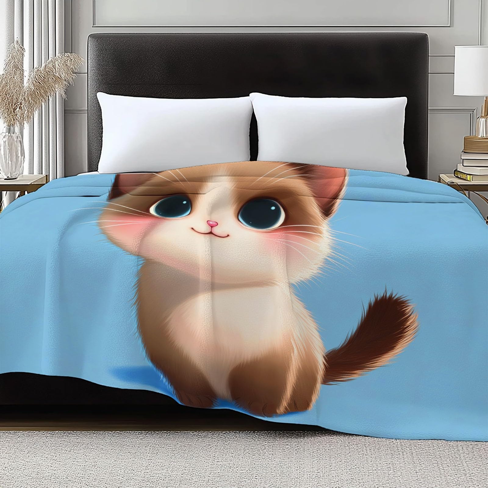 Uroczy koc z motywem zwierzęcym z motywem kota, dla dzieci, błękitny, miękki, przytulny, puszysty, flanelowy koc dla dziewcząt, 180 x 200 cm, ciepła pościel polarowa na sofę, kanapę, prezent