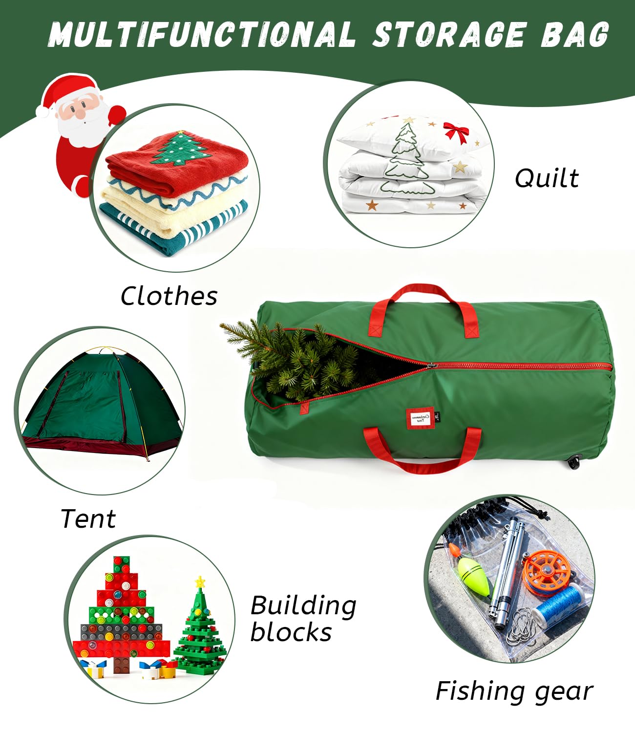 Borsa per Albero di Natale con Ruote, Sacca per Albero di Natale in Tessuto Oxford 600D Impermeabile, Verde Christmas Tree Storage Bag con Cerniera e Manici, Fino a 240 cm
