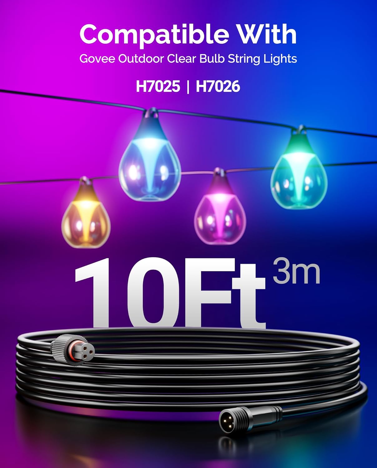 10FT Extension Cable for Govee Outdoor Clear Bulb String Lights, IP68 Waterproof Outdoor Lights Extension Cord Compatible with Govee H7025, H7026, Black