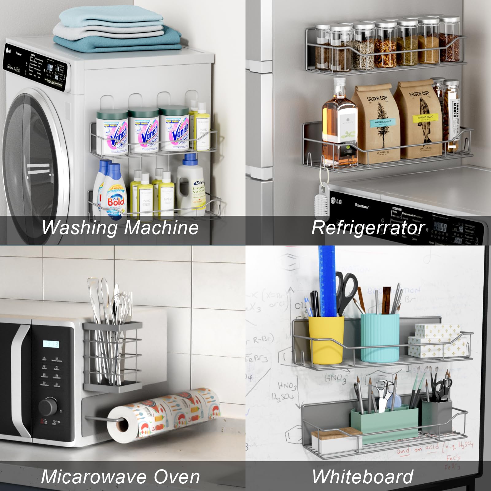 Kmise Estante magnético para especias para refrigerador, paquete de 8 estantes magnéticos para nevera, organizador de especias móvil con estante de gancho, soporte para toallas de papel, soporte para