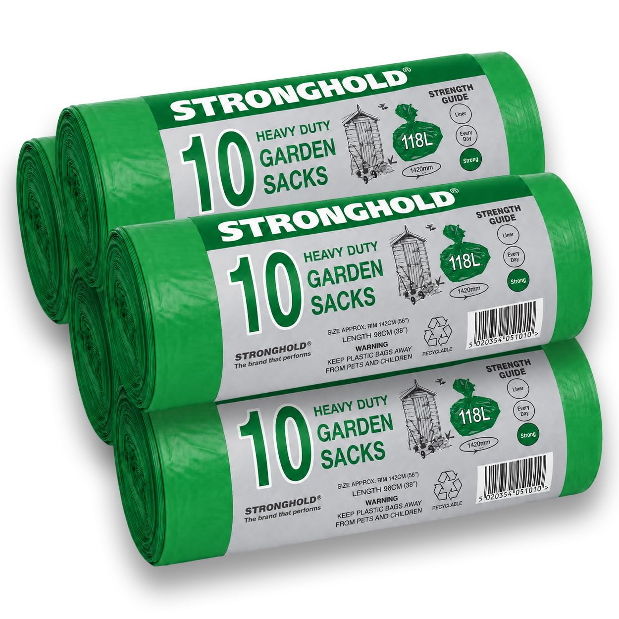 Bag Market | Heavy Duty Green Garden Waste Bags/Sacks on a Roll - 118 Litres - Bin, Refuse, Rubbish (5 Rolls - 50 Bags)