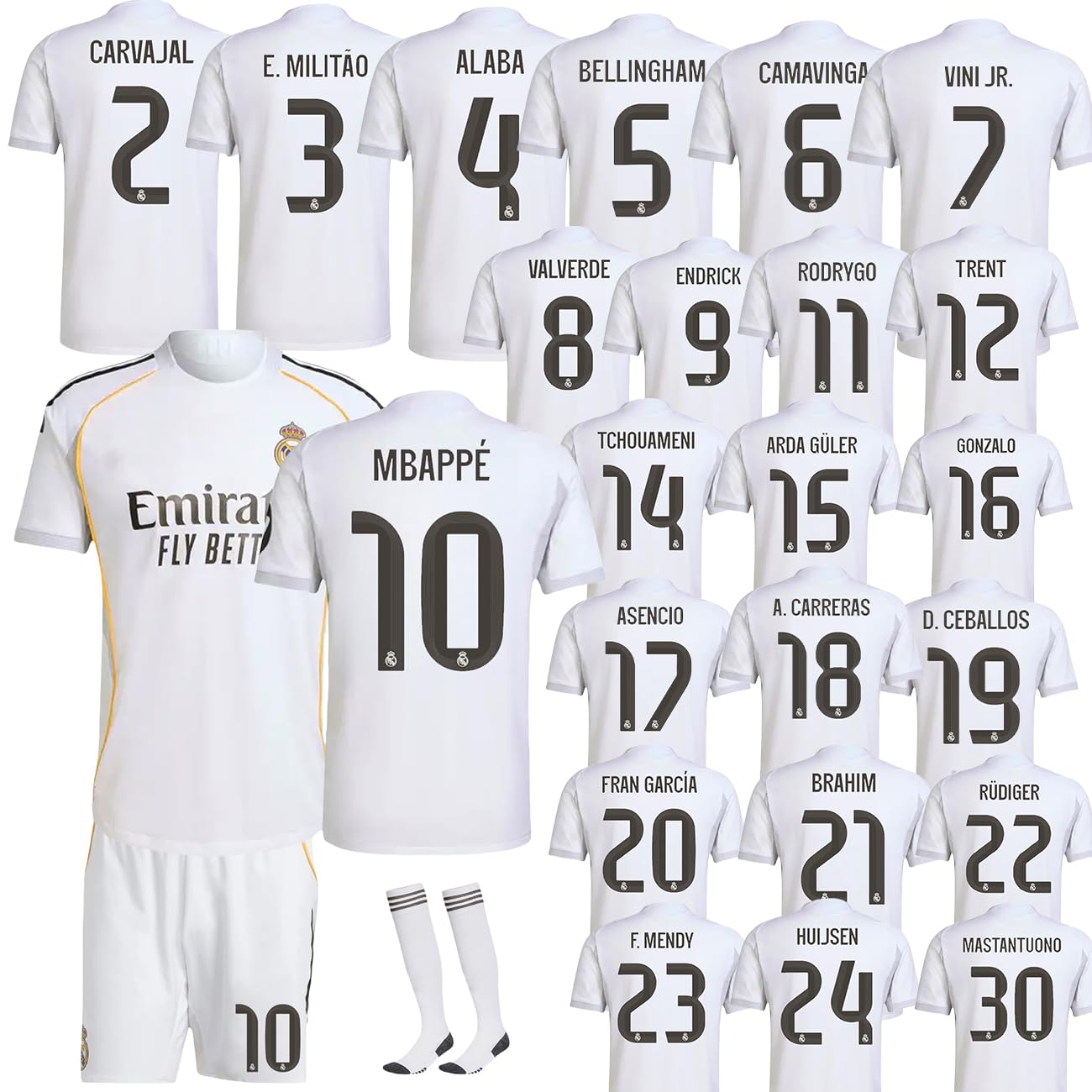 [XUPENG] レアル マドリード REAL MADRID 全選手対応 ユニフォーム 25 26年 サッカー ホーム ユニフォーム 子供 大人向 ソックス付き 非公式