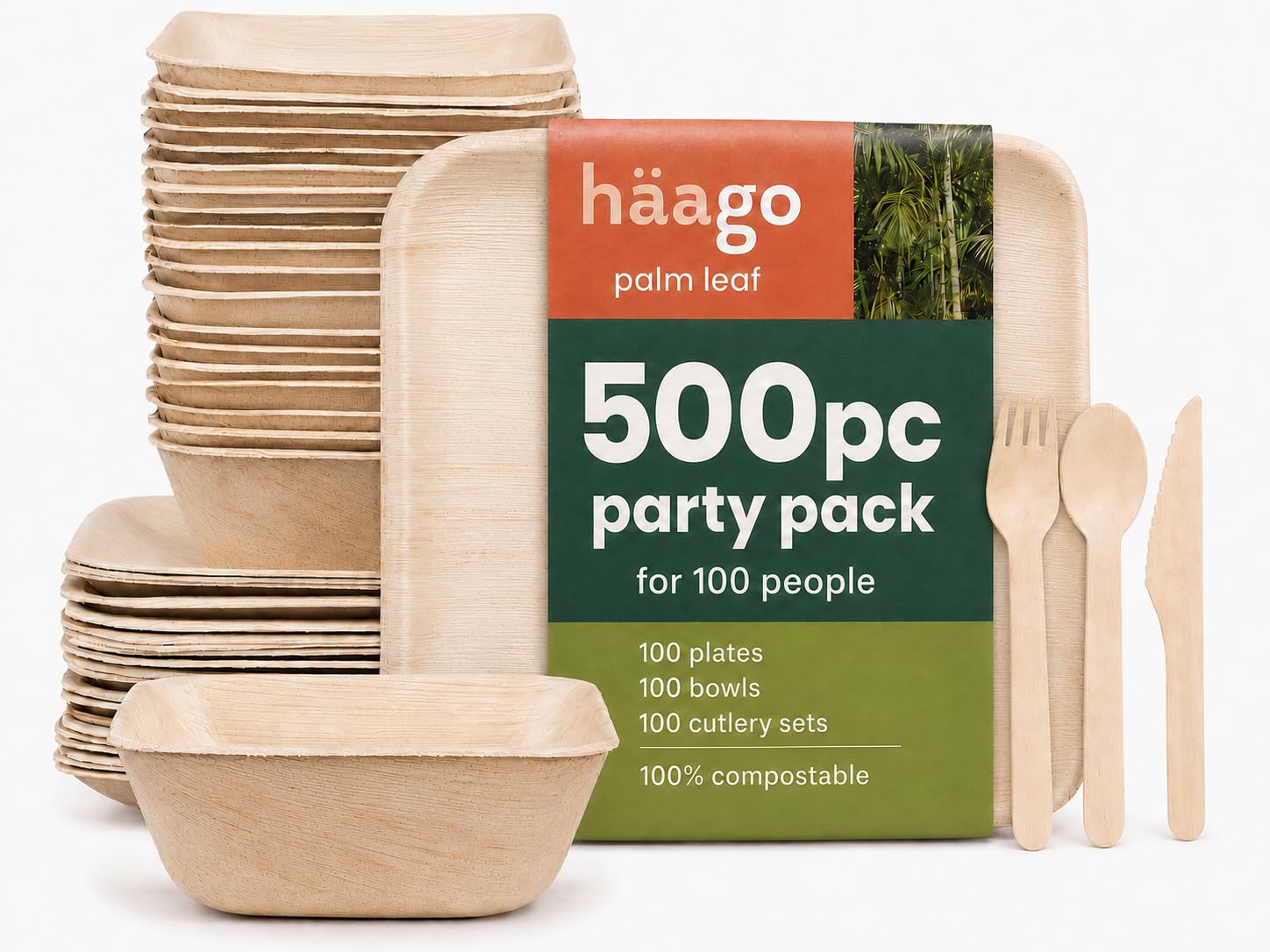 HAAGO 500-Piece Palm Leaf Disposable Plates, Bowls & Cutlery Set - 100 22cm Square Plate, 100 450ml Square Bowl & 300 Piece Birchwood Cutlery Set - Eco-Friendly Like Bamboo Plates for Hot & Cold Food