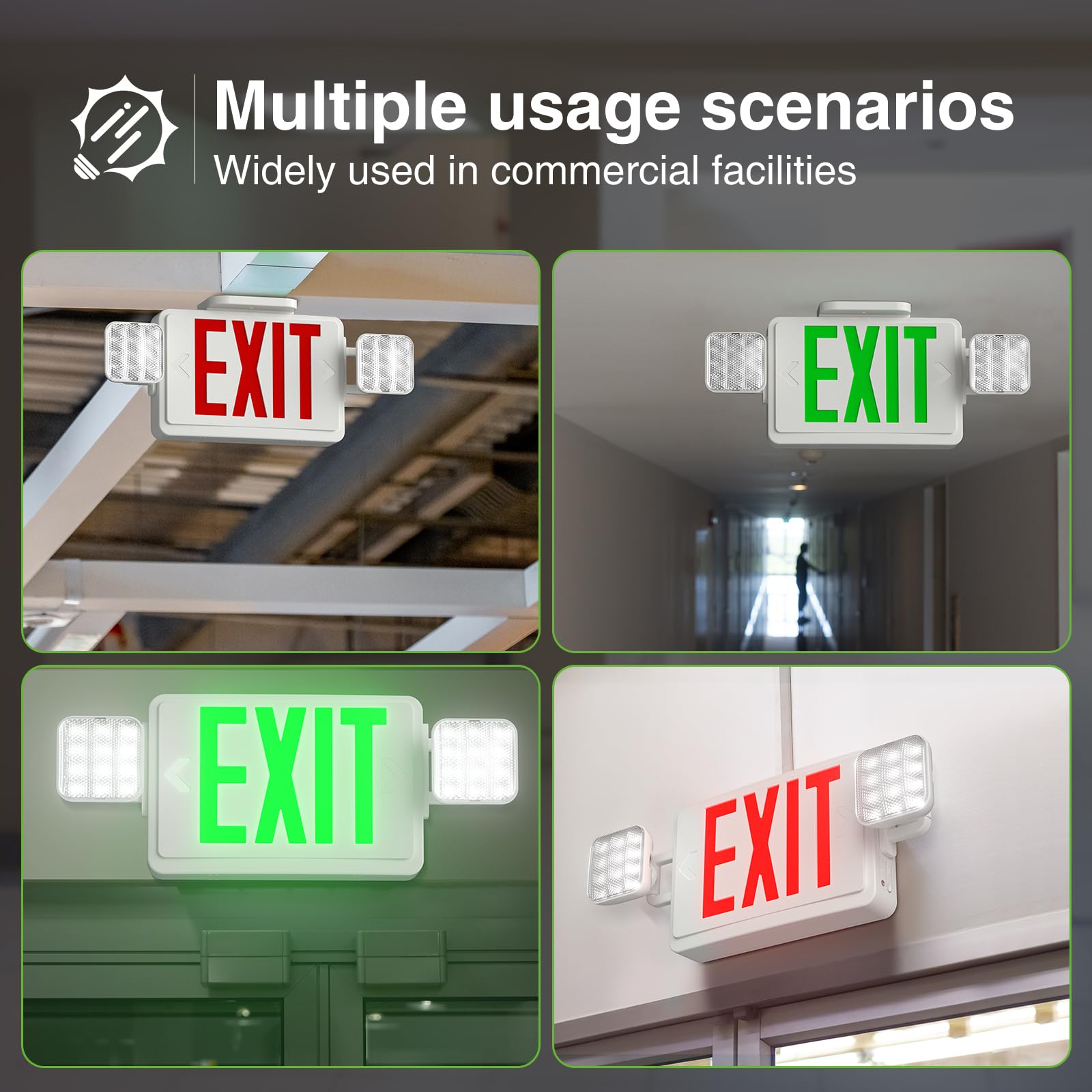 FREELICHT Paquete de 6 señales de salida rojas con luces de emergencia, dos luces LED ajustables de salida de emergencia con batería de respaldo, cable duro, listado UL, combo de iluminación de salida