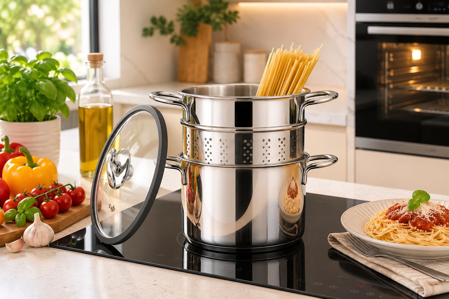 Milano - Olla para pasta, pasta, de acero inoxidable 18/10 con cesta escurridora y tapa de cristal, diámetro de 22 cm, todos los tipos de cocina, fabricada en Italia