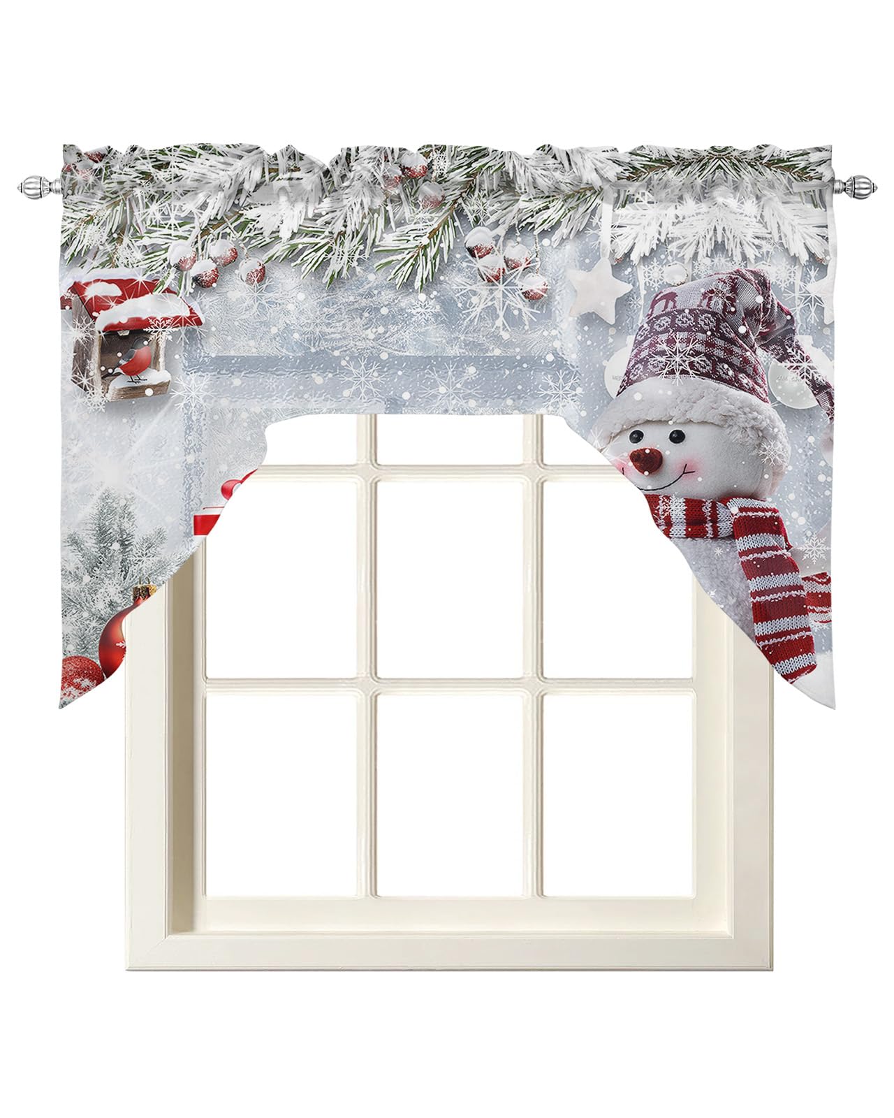 Jolunifun Xmas Snowman, Swag Valance Kitchen Curtains, Rod Pocket Valance Curtain Panels for Bedroom Living Room Bathroom Cafe Windows, Christmas Snowy Tree Branch 56''x36''