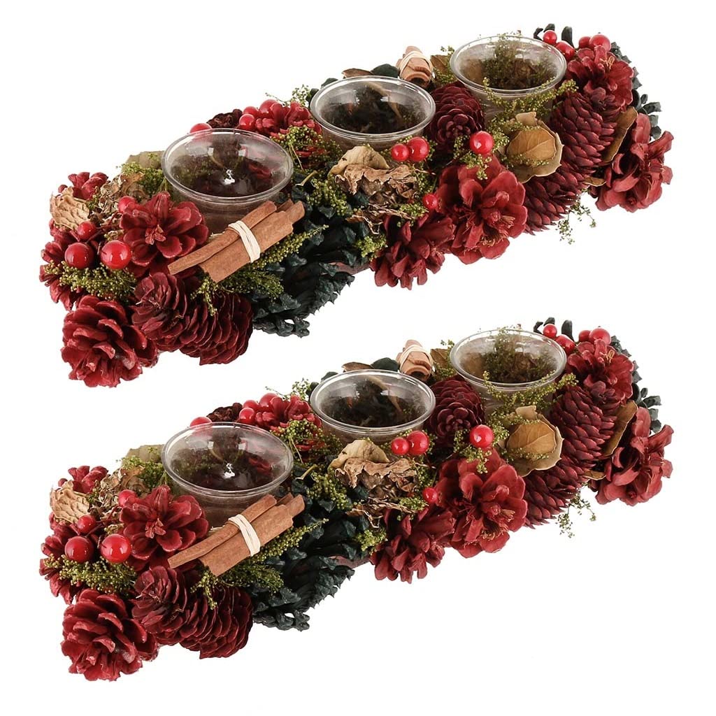2 Pine Cone Candle Holders Cinnamon Pine Christmas Triple Tea Light Jar Lanterns Winter Table Centrepiece Décor