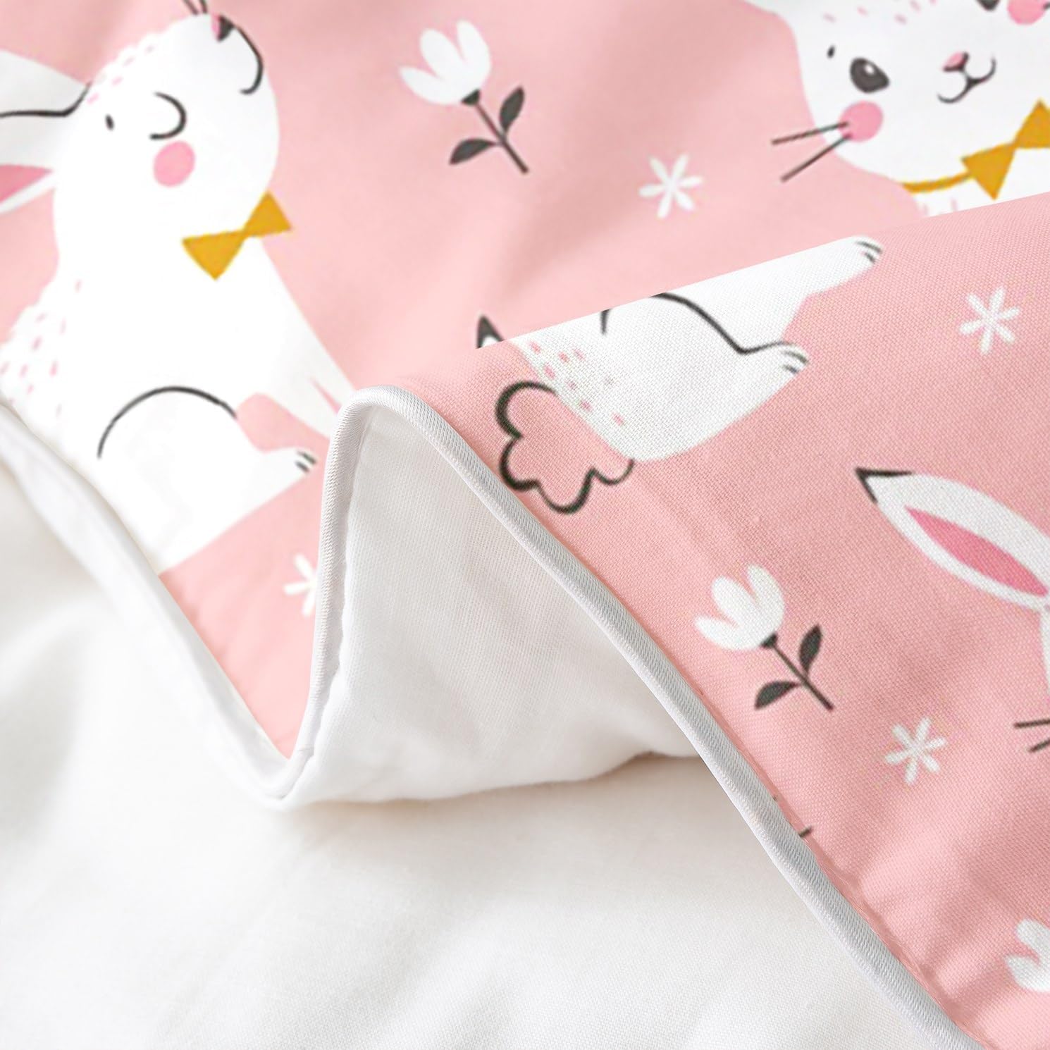 Cute Rabbit Bedding 100% Cotton Set Cartoon Bunny Pink Decor Duvet Cover 100% Cotton for Kids Boys Girls Lovely Little Floral Rabbit Botanical Animal Quilt Cover Room Decor 2Pcs Twin Size Zipper