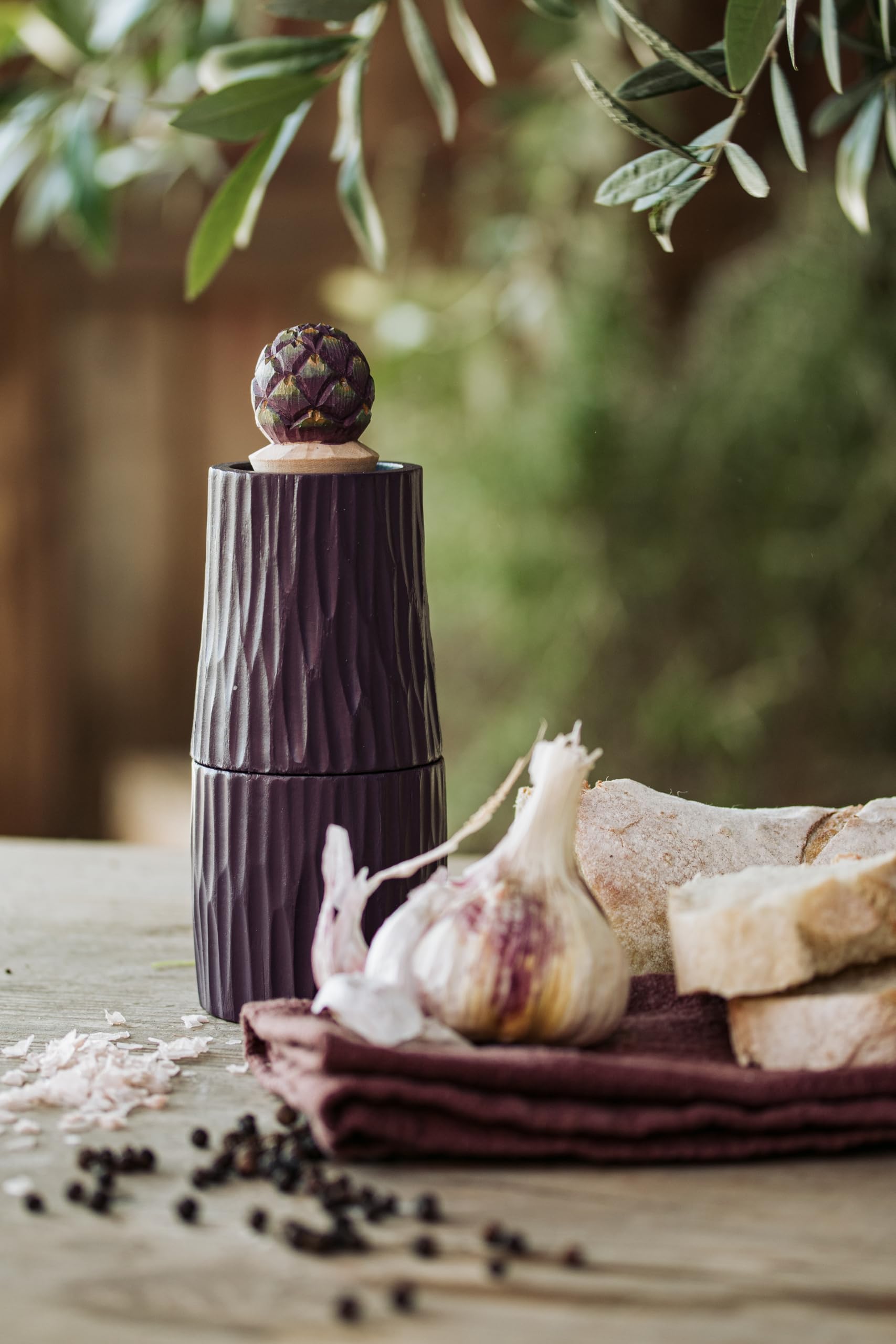 Wildlife Garden Salt & Pepper Mill Artichoke Purple (WG5015) - Chip-Carved Wooden Mill with Hand-Carved top - Image 2
