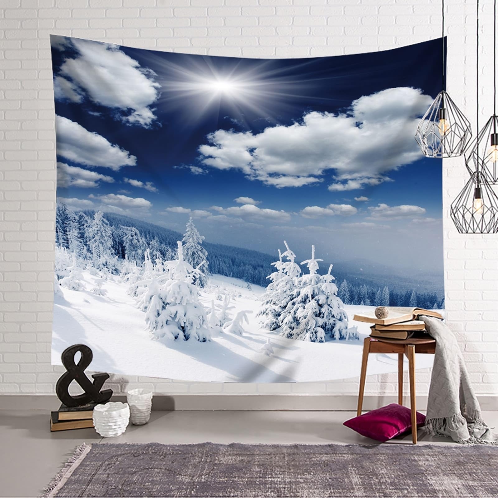 KnSam Wandteppiche, Sonnenschein Himmel Schnee Wald Wandteppich Landschaft Natur Tapisserie Wandbehang XXL Polyester Wanddekoration mit Art Nature Dekorationen, Blau Weiß, 350x256cm