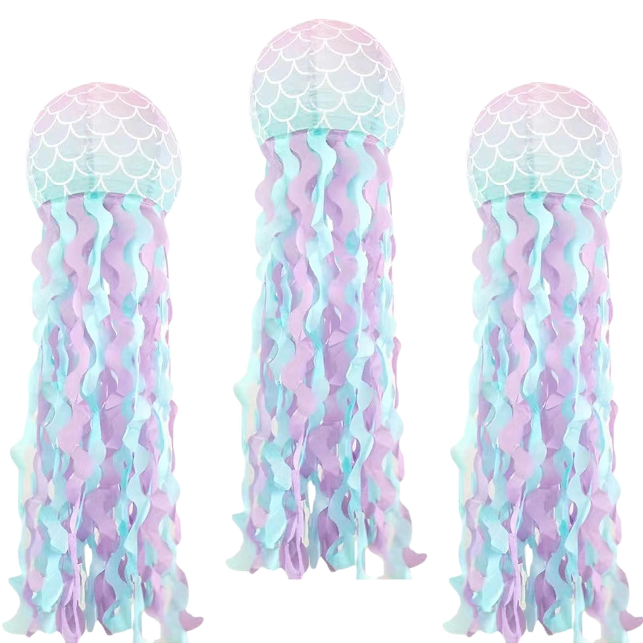 3 Pcs Mermaid Hanging Jellyfish Paper Lanterns – Ocean & Under the Sea Birthday Party Decorations, Baby Room Bedroom Décor, Mermaid Theme Party Supplies, Fun Ocean Birthday Décor