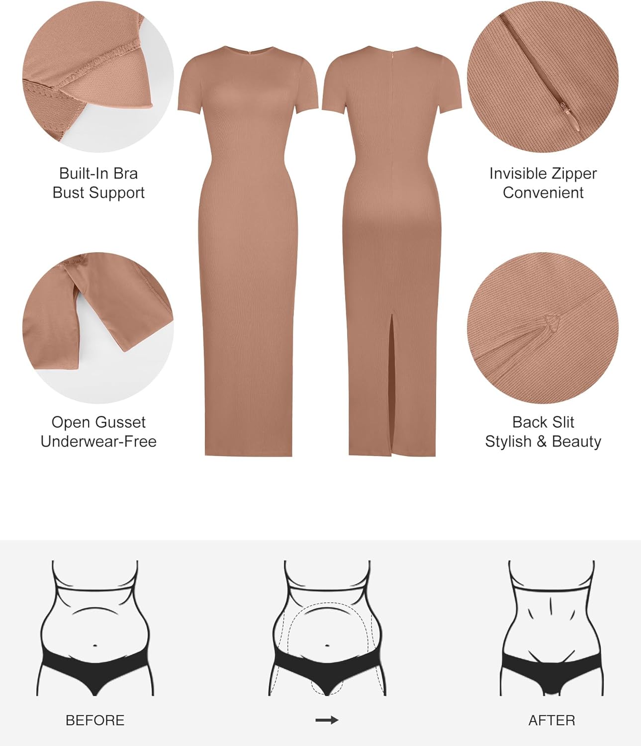 Popilush Shaperwear Dress Built-in Bra Women's Casual Lounge Dress with Zipper Short Sleeve Mock Neck Bodycon Dresses