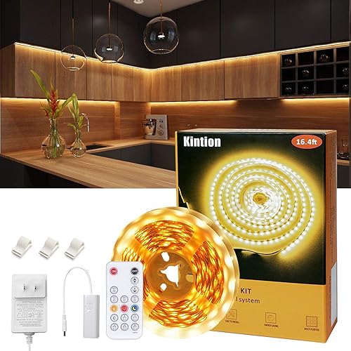 Kintion Tira de luces LED con sensor de movimiento, 9.8 pies para iluminación debajo del gabinete, luz LED flexible con kit de control remoto RF,