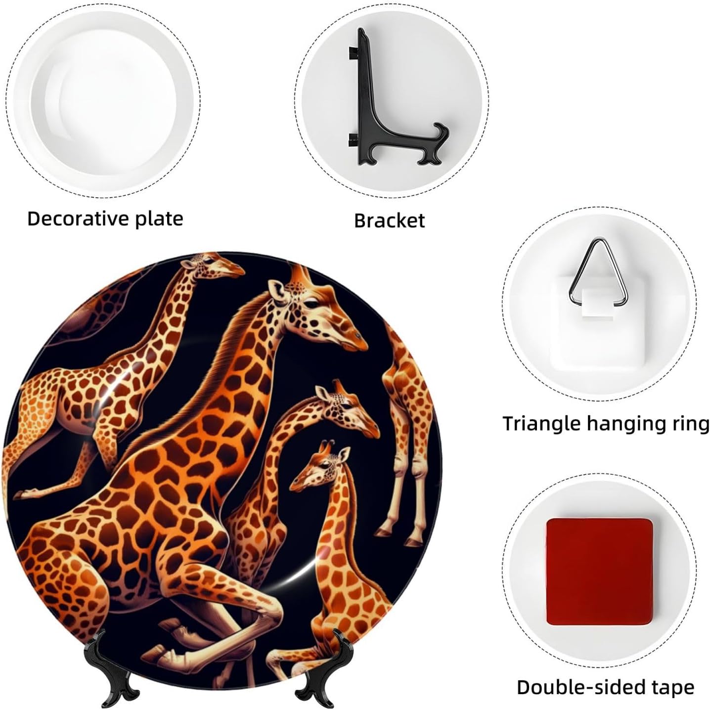 Giraffe-Pattern 10 Inch Decorative Plate With Stand, Elegant Display Wall Plate For Home Decor