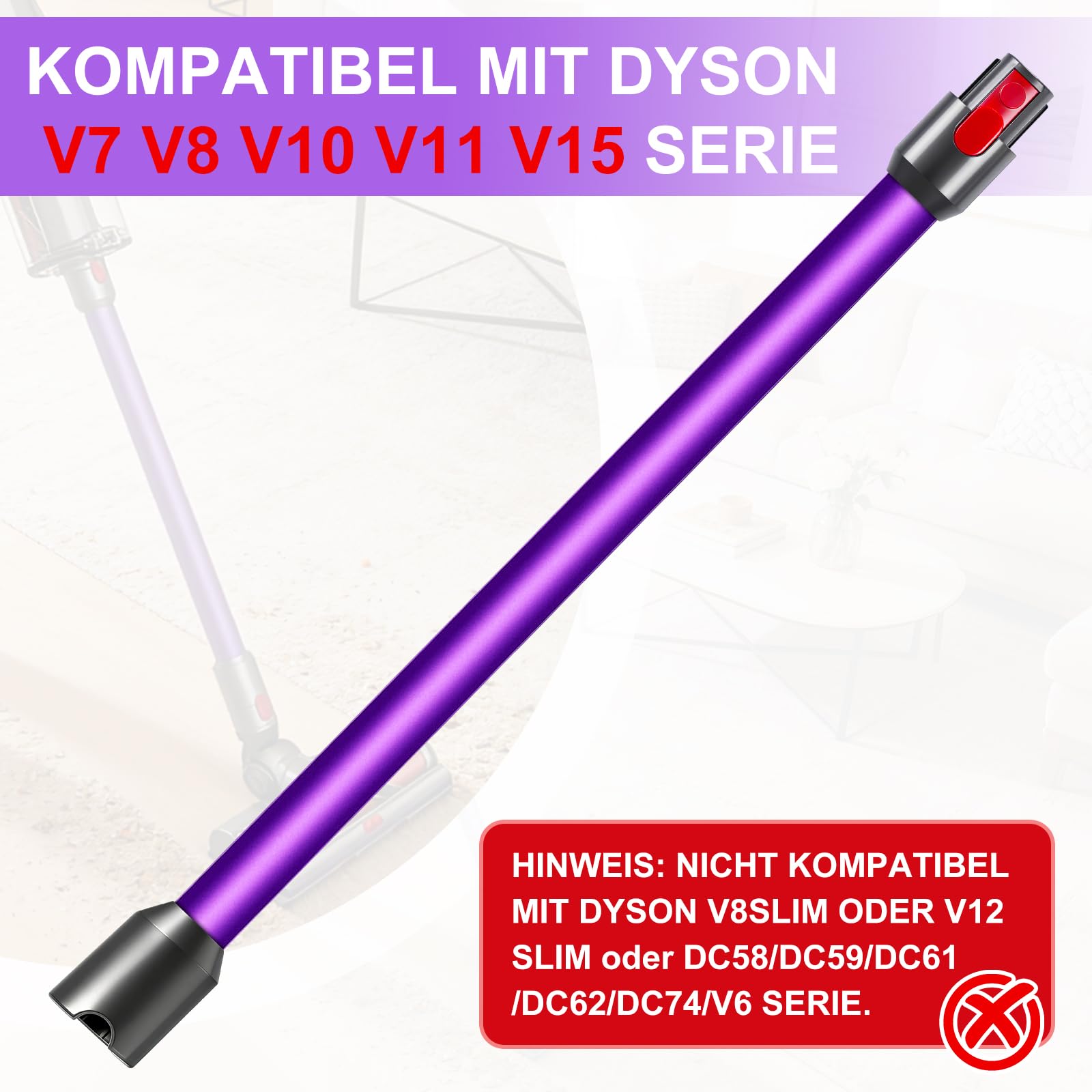72cm Verlängerungsrohr +Weißer Gänsekopfpinsel,Kompatibel mit Dyson V7 V8 V10 V11 V15, Schnellwechsel Aluminium Rohr, Ersatzteil für Staubsauger(Lila)