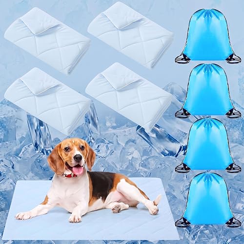 4 Pack 40" x 60" Dog Cooling Mats with Storage Bags, Washable Cooling Pads for Dogs, Foldable Pet Self-Cooling Mat for Crate, Sofa, Floor, Car, Indoor Outdoor Summer Use