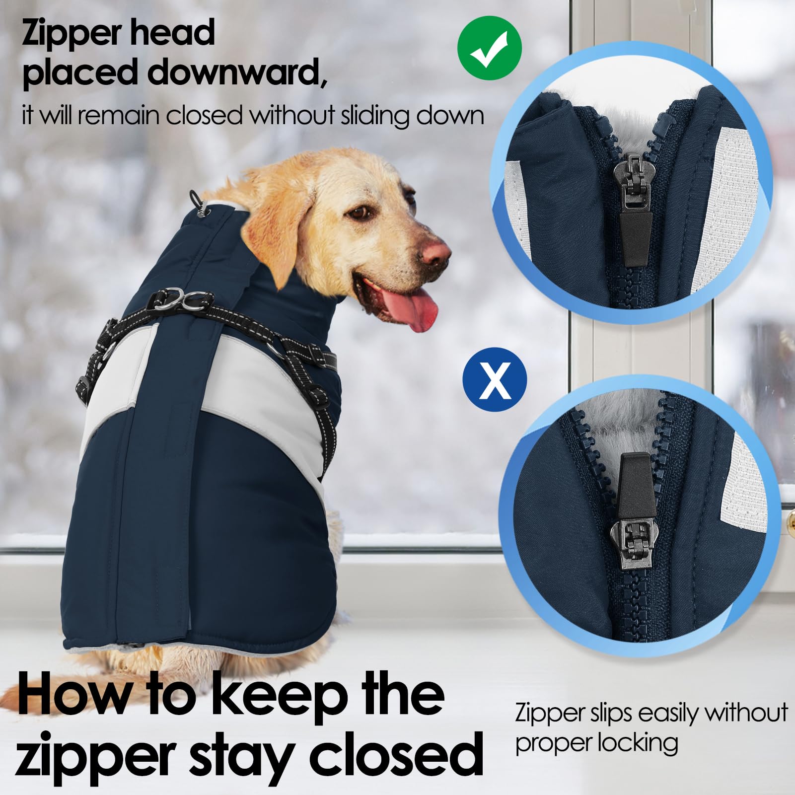 AOFITEE Chaqueta para perro, abrigo de invierno impermeable para perro, abrigo para perro con arnés, chaqueta de nieve para perro de forro polar cálido con cremallera, suéter reflectante resistente al