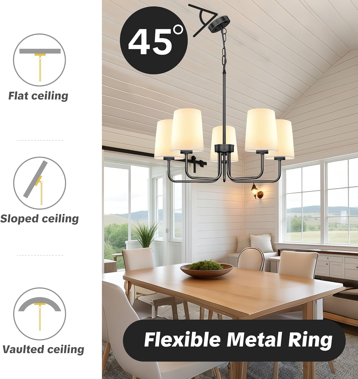 Black Chandelier with E26 Base, 5-Light Farmhouse Chandelier with Shade, Height Adjustable Modern Dining Room Light Fixture Over Table for Kitchen Bedroom Living Room Entryway Foyer Hall