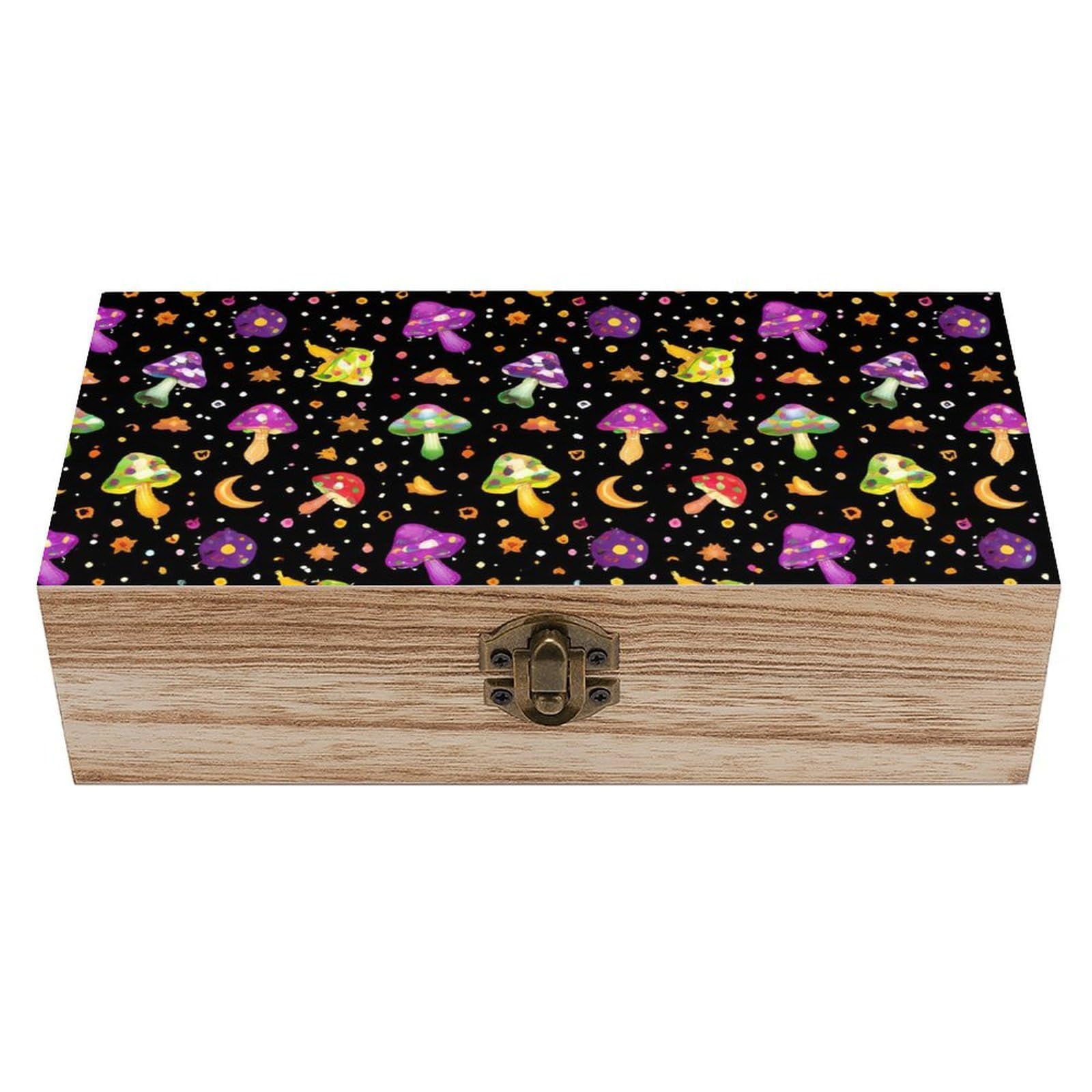 SMAZDFXX Trippy Eyes Moon Mushroom Wooden Storage Box With Hinged Lid Decorative Front Clasp Keepsake Boxes