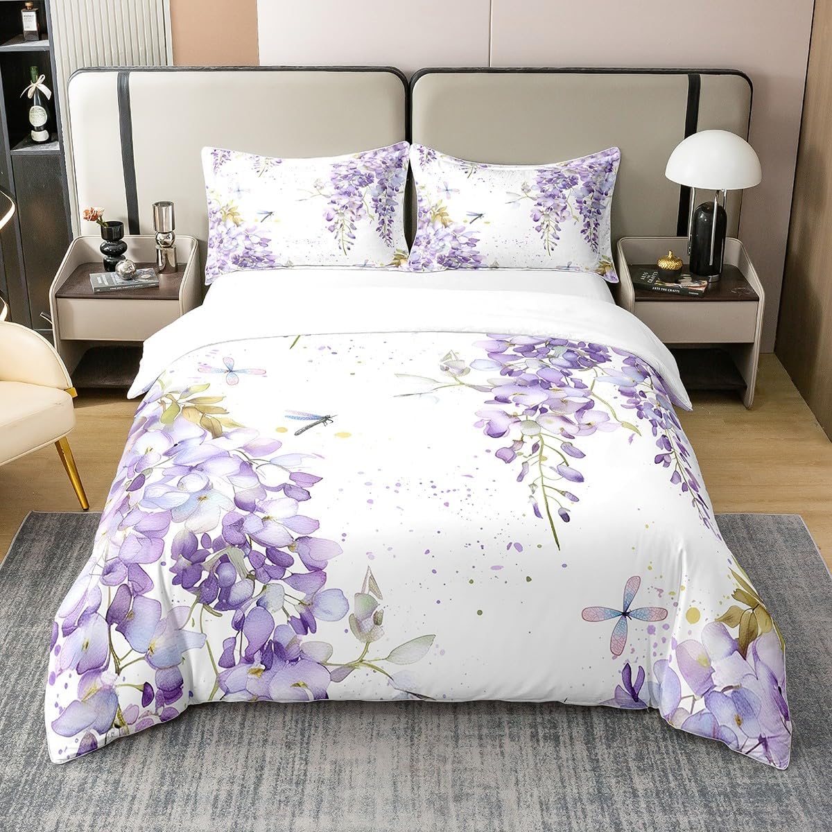 Erosebridal 100% Natural Cotton Purple Lavender Comforter Cover Queen Size,Dragonfly Wildlife Floral Duvet Cover,Watercolor Flowers Leaves Bedding Set,Rustic Farmhouse Country Decor Quilt Cover