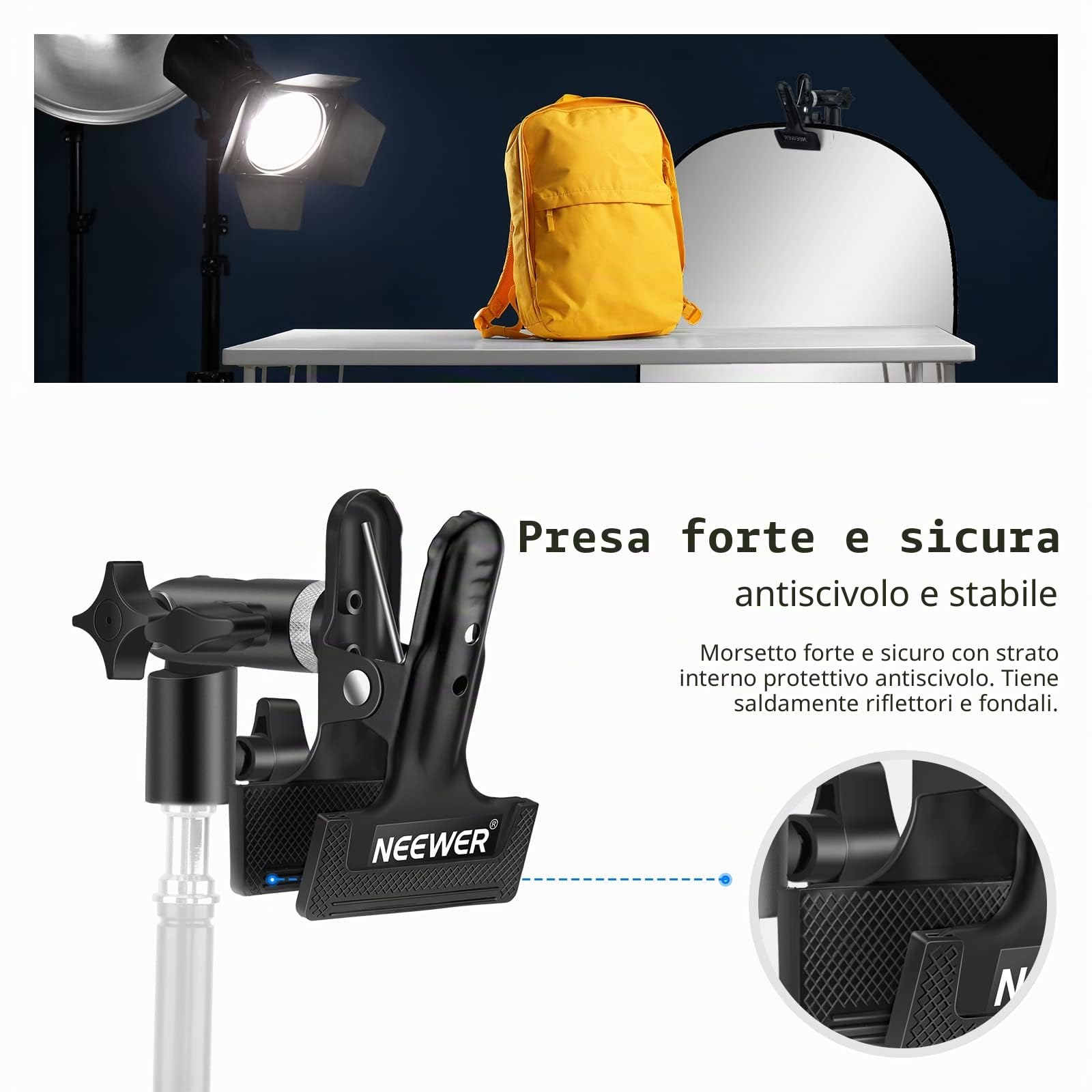 NEEWER Supporto per morsetto in metallo resistente per studio fotografico con attacco per supporto luce da 5/8" per riflettore
